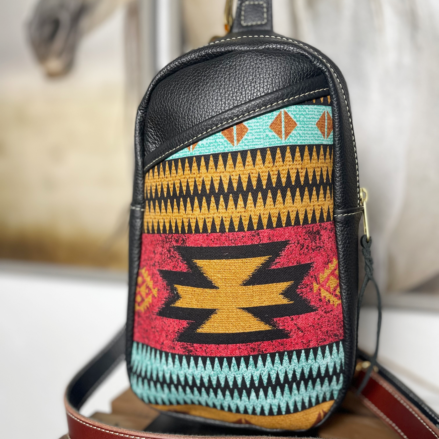 Berry Aztec Leather Sling Bag/Cross Body Purse/Handmade Leather Bag