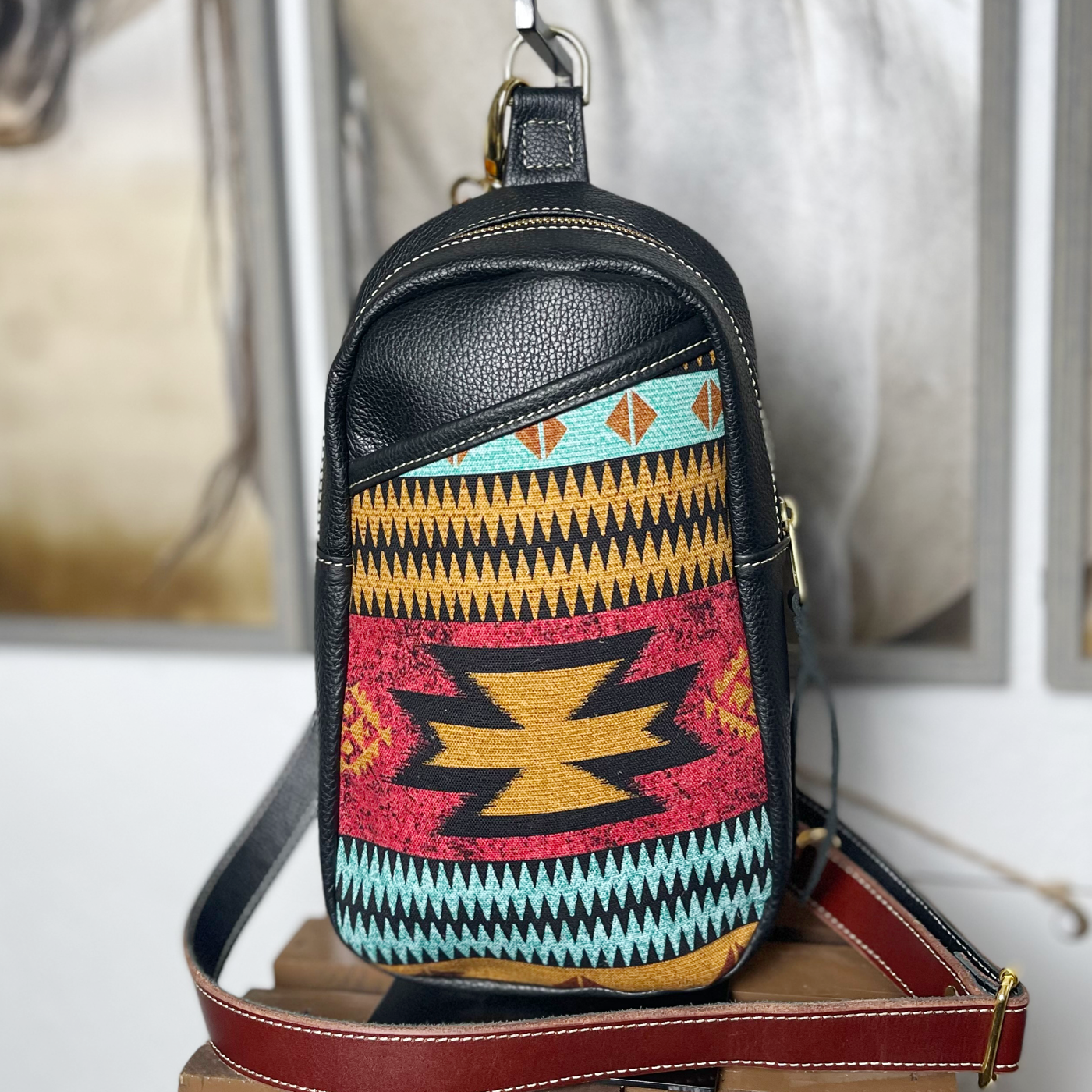 Berry Aztec Leather Sling Bag/Cross Body Purse/Handmade Leather Bag