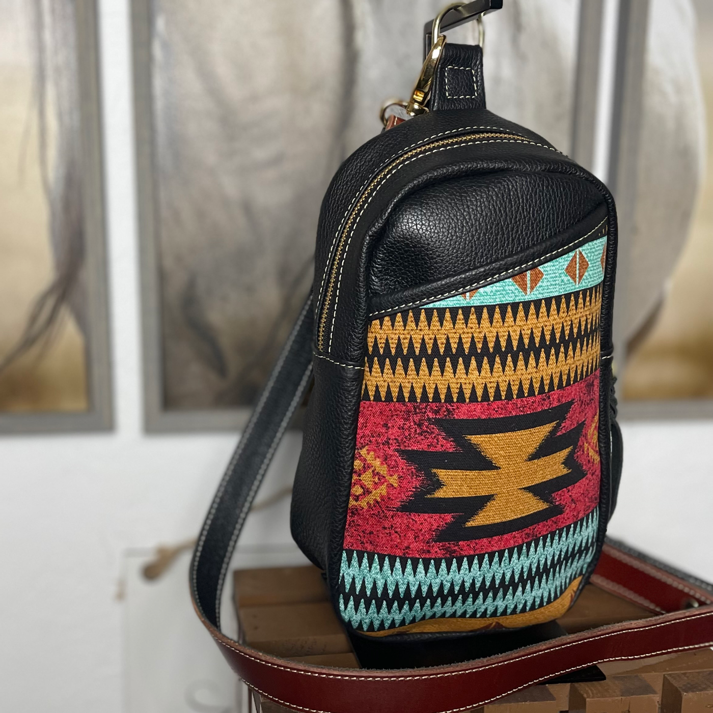 Berry Aztec Leather Sling Bag/Cross Body Purse/Handmade Leather Bag