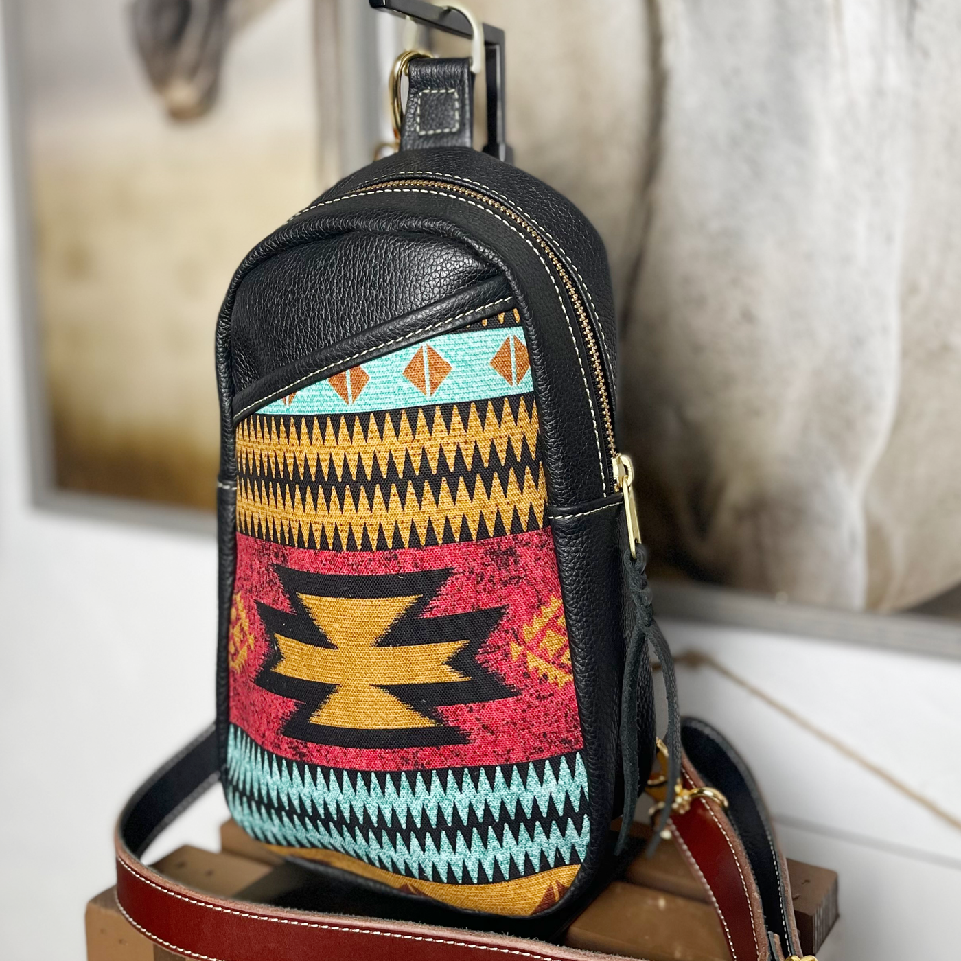 Berry Aztec Leather Sling Bag/Cross Body Purse/Handmade Leather Bag