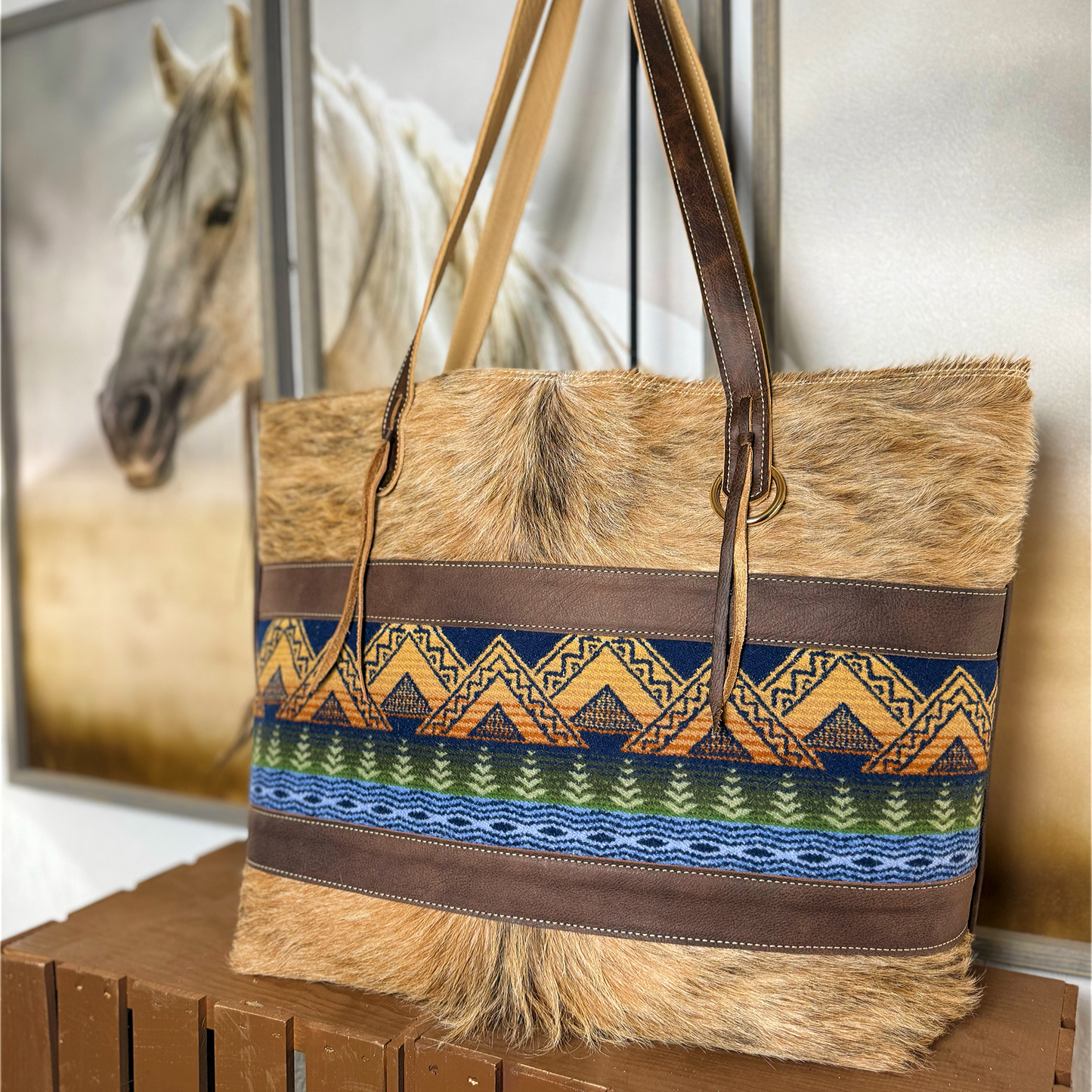 Big Bertha American Treasure Wool Tote in Brindle Hair on Hide