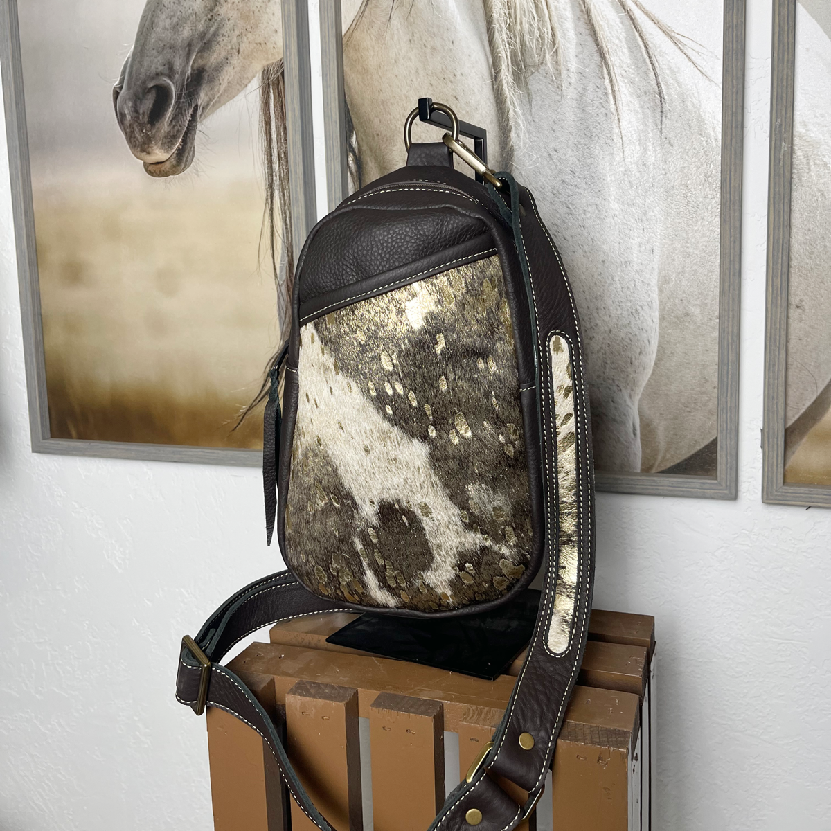 Gold Acid Wash Hair on Hide Sling Bag/Cross Body Purse/Handmade Leather Bag