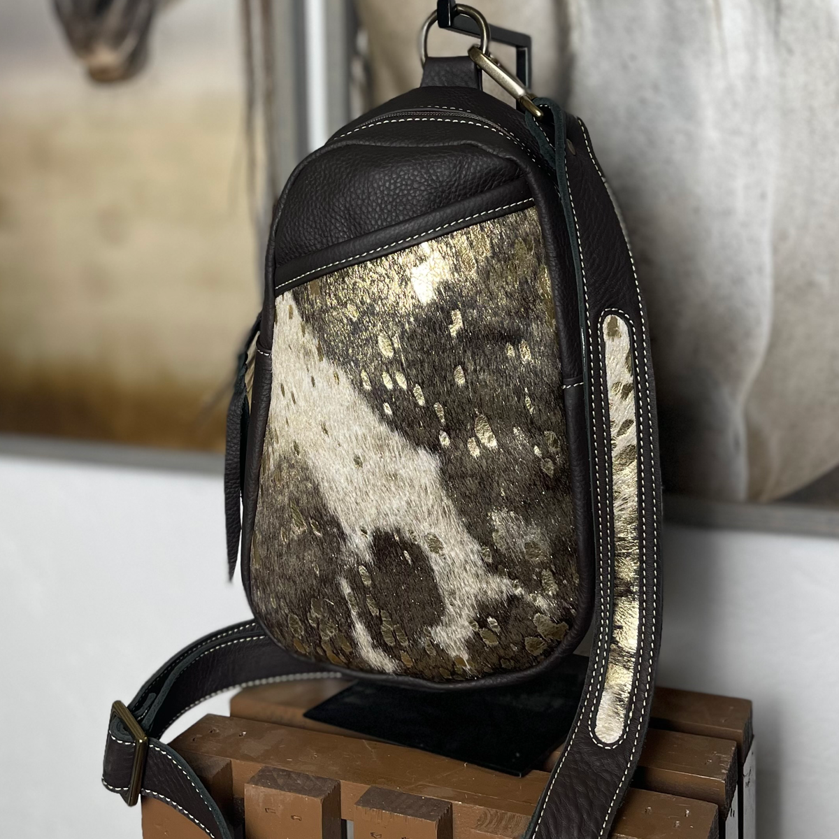 Gold Acid Wash Hair on Hide Sling Bag/Cross Body Purse/Handmade Leather Bag