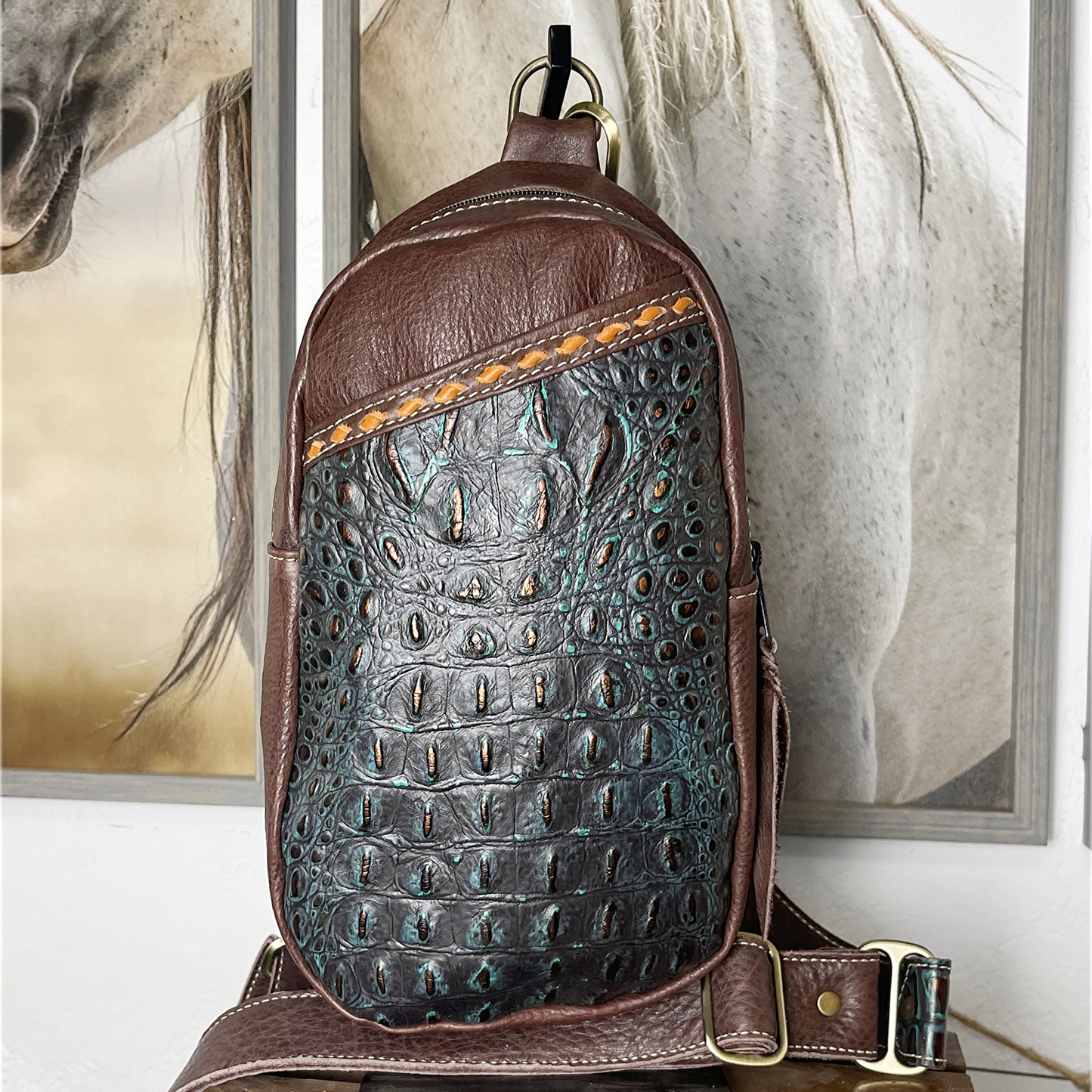 Embossed Croc Sling Bag/Cross Body Purse/Handmade Leather Bag