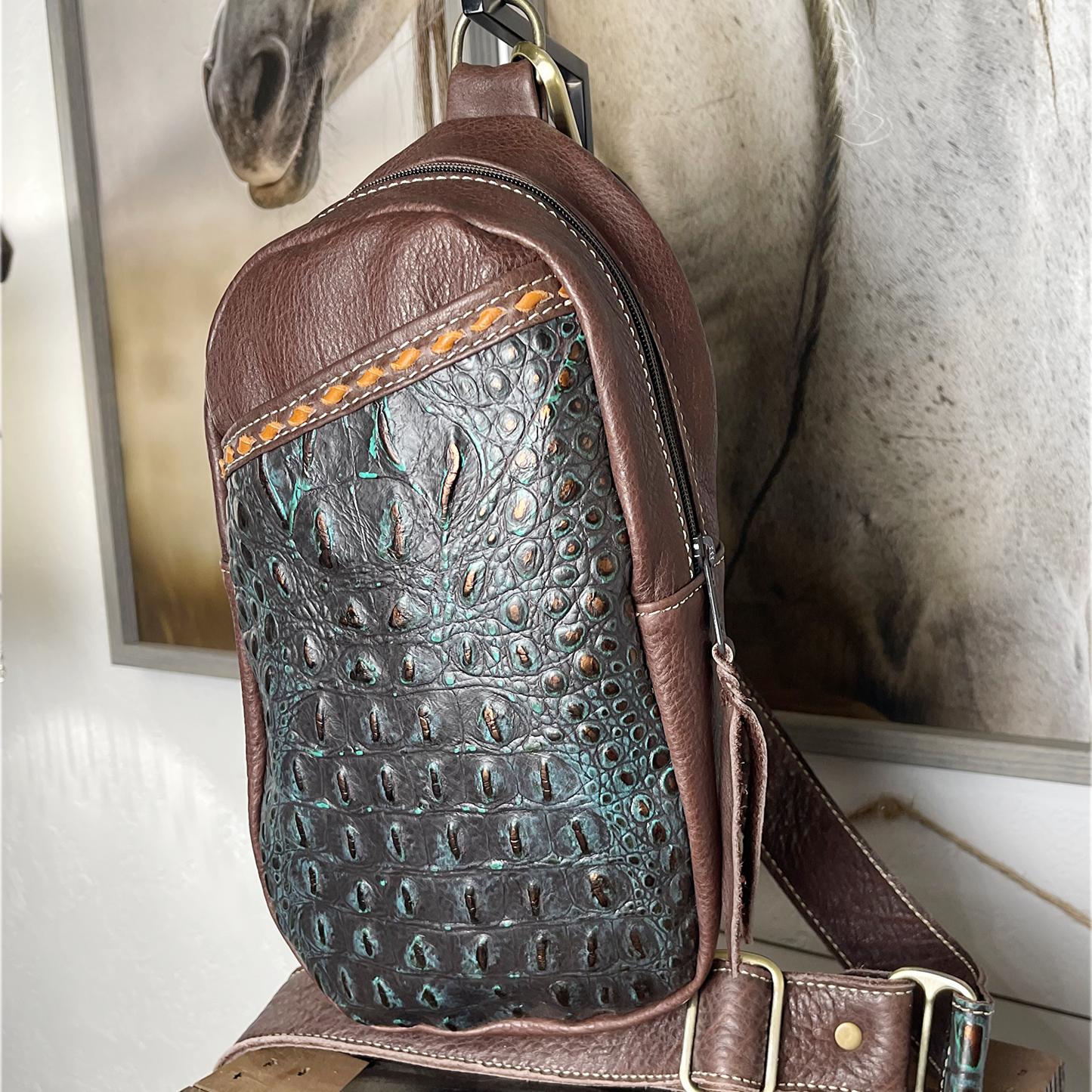 Embossed Croc Sling Bag/Cross Body Purse/Handmade Leather Bag