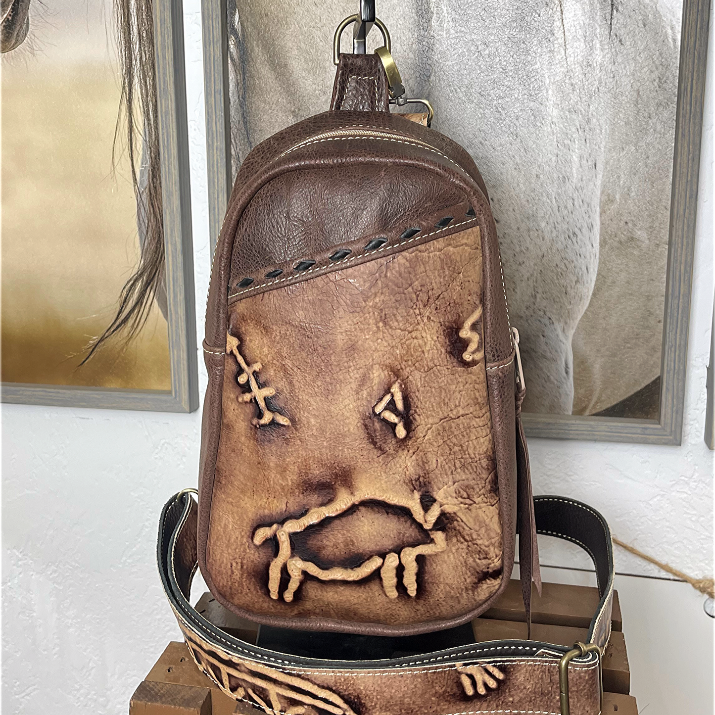 Cave Art Embossed Sling Bag/Cross Body Purse/Handmade Leather Bag