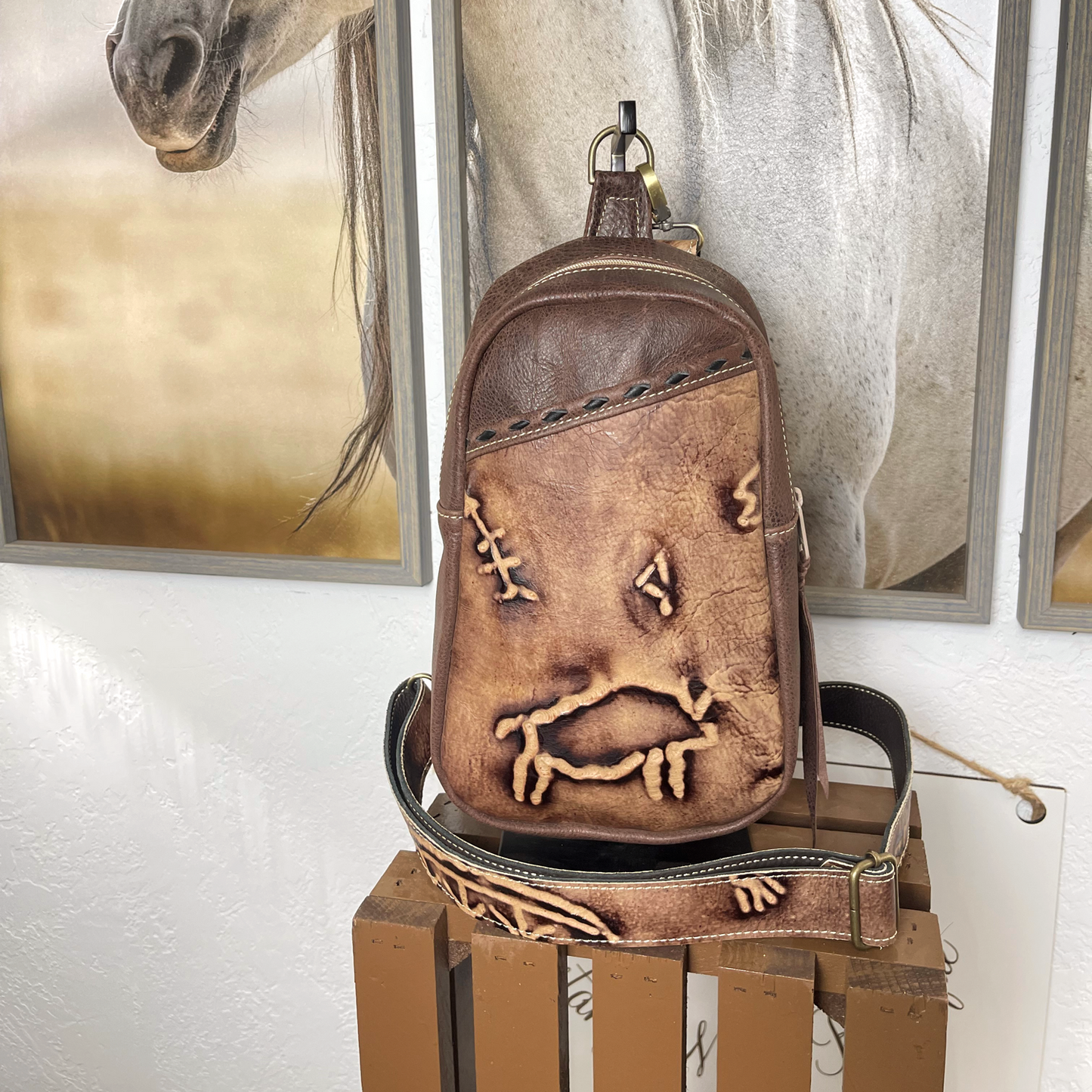 Cave Art Embossed Sling Bag/Cross Body Purse/Handmade Leather Bag