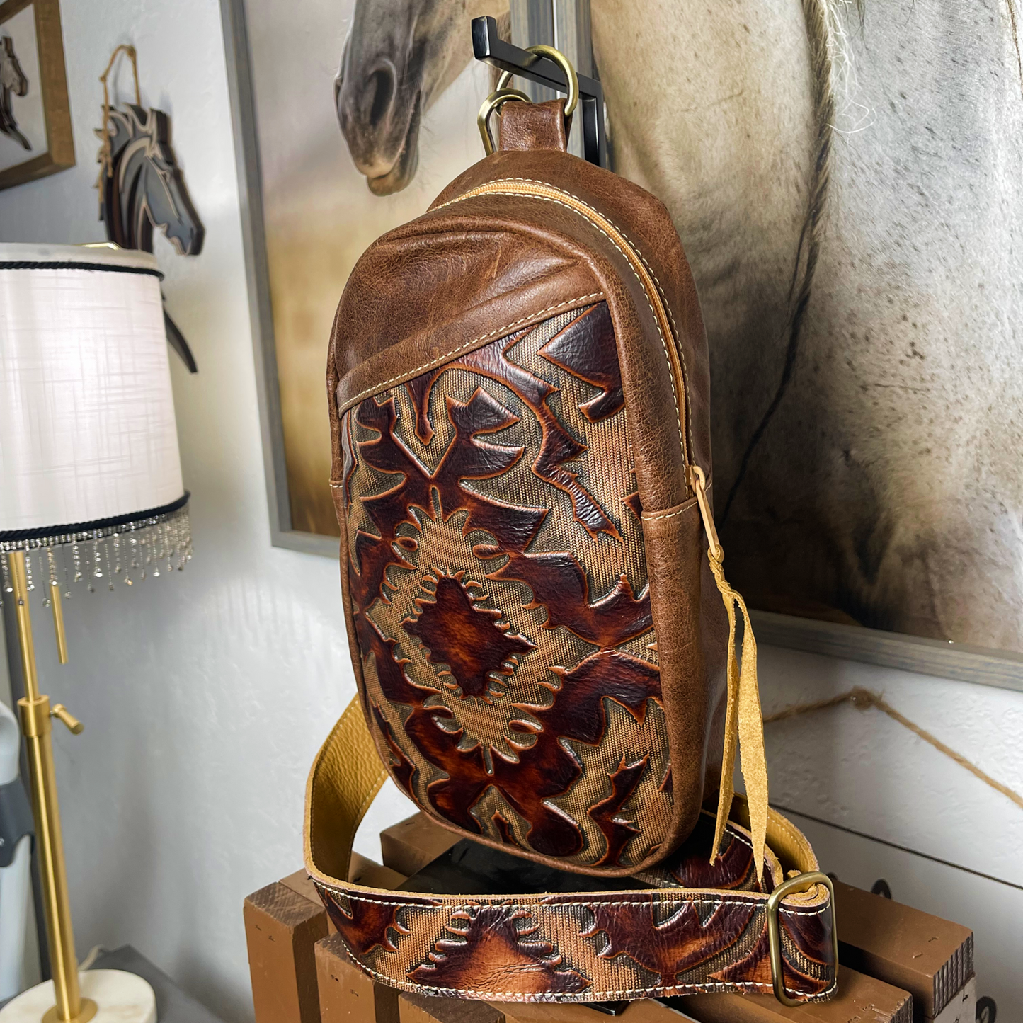 Brown Laredo Embossed Sling Bag/Cross Body Purse/Handmade Leather Bag