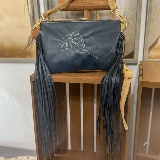 Cross Body Sttiched Flower Fringe Bag