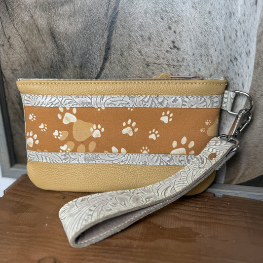 Wristlet/Small Bag Organizer with Paw Prints and Embossed Leather