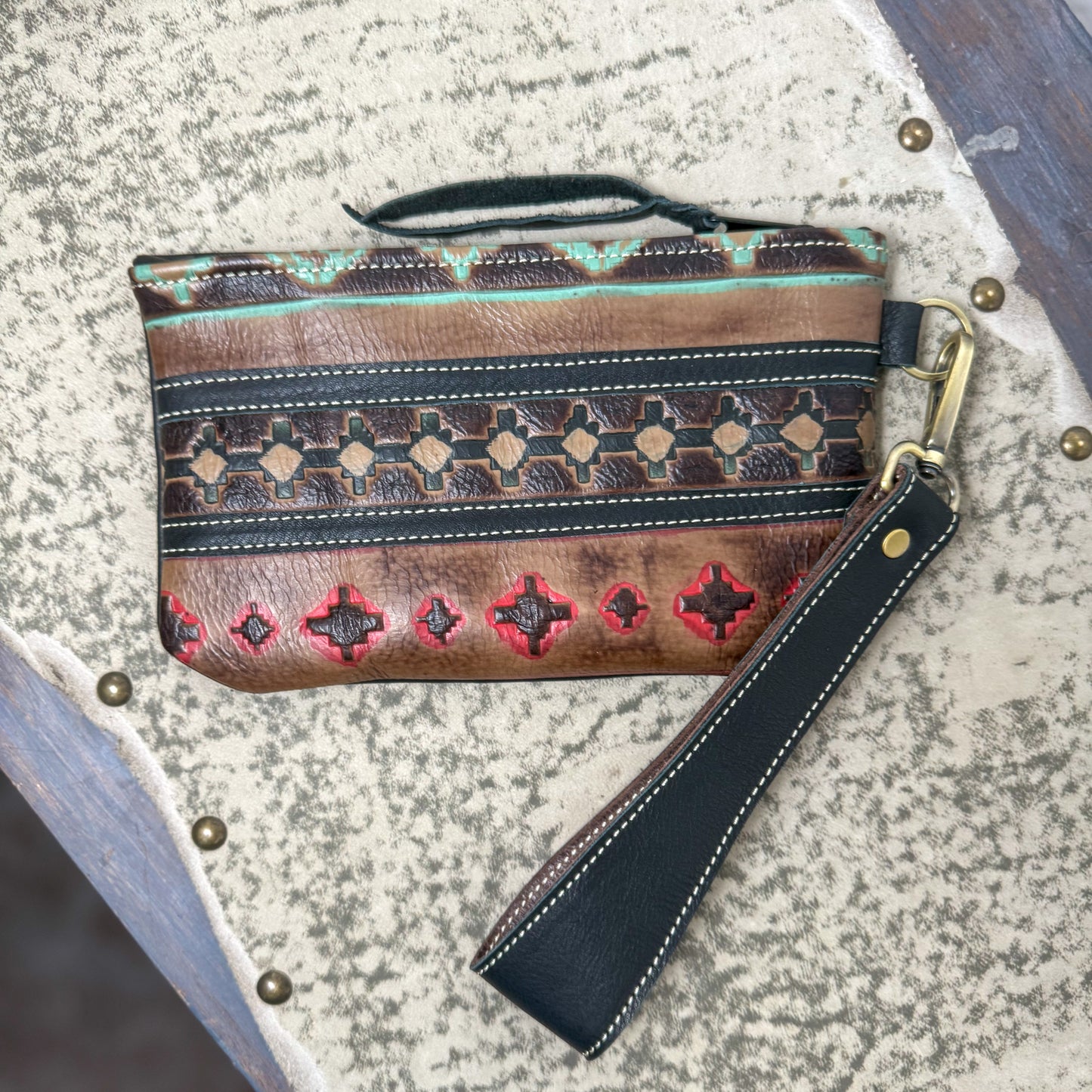 Wristlet/Small Bag Organizer with Navajo Embossed Leather
