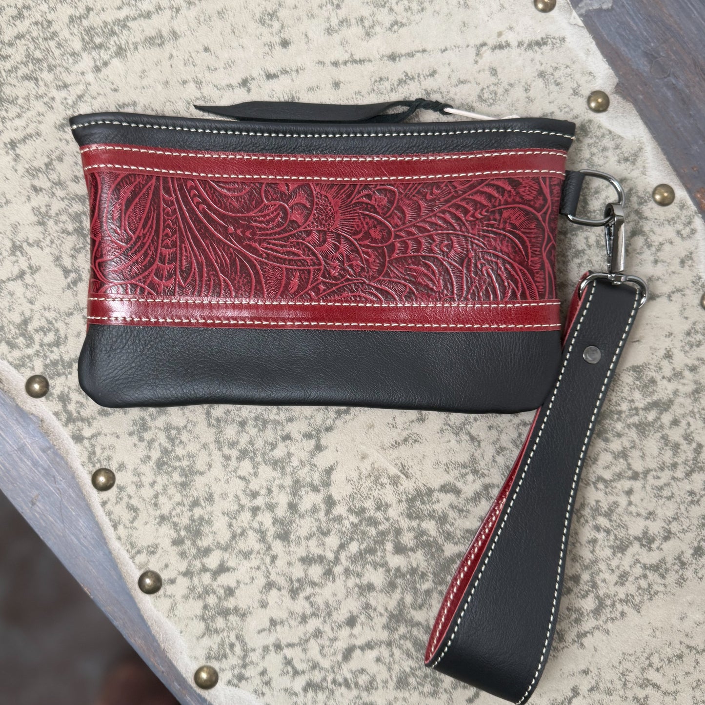 Wristlet/Small Bag Organizer in Black with Red Embossed Leather