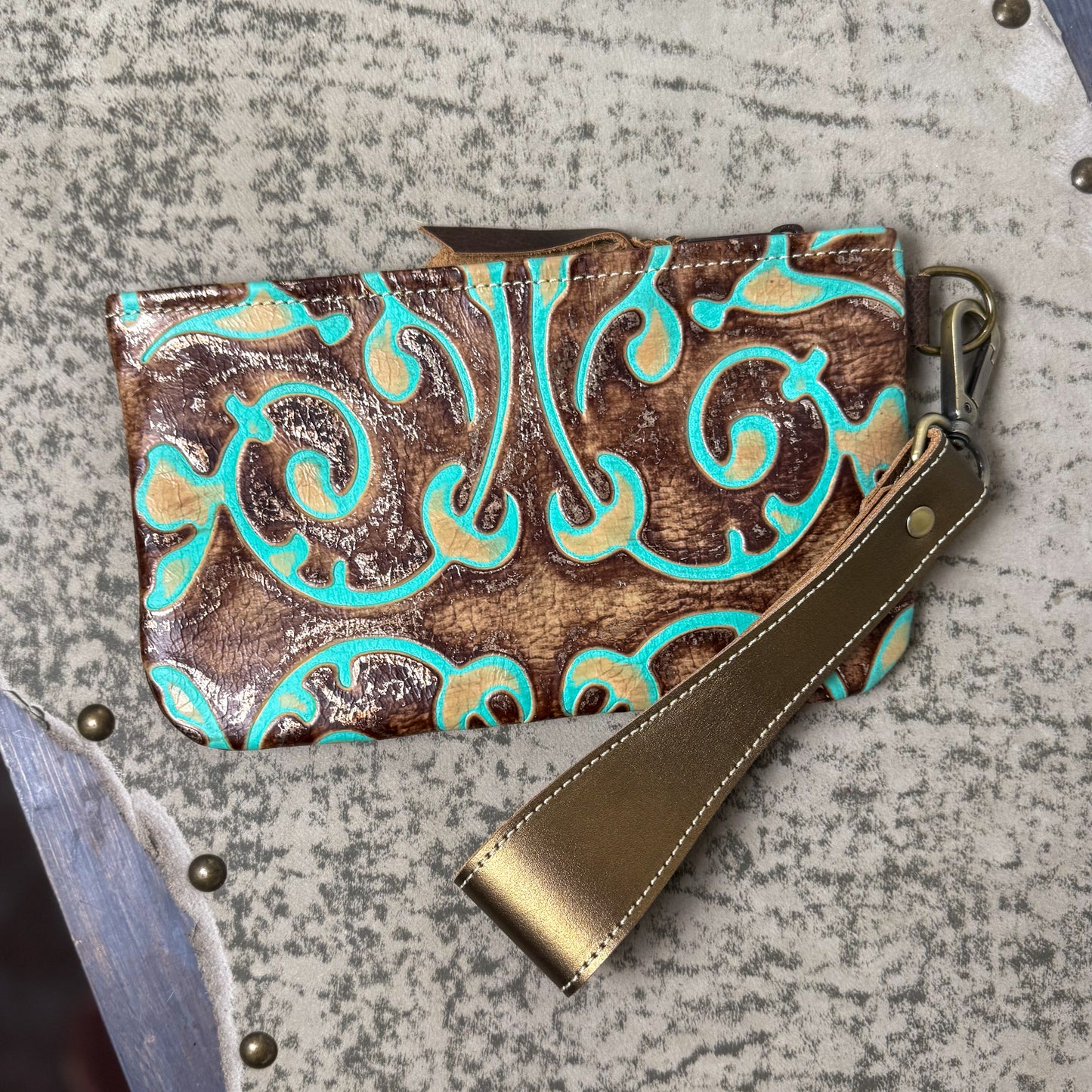 Wristlet/Small Bag Organizer with Venetian Turquoise Embossed Leather 2