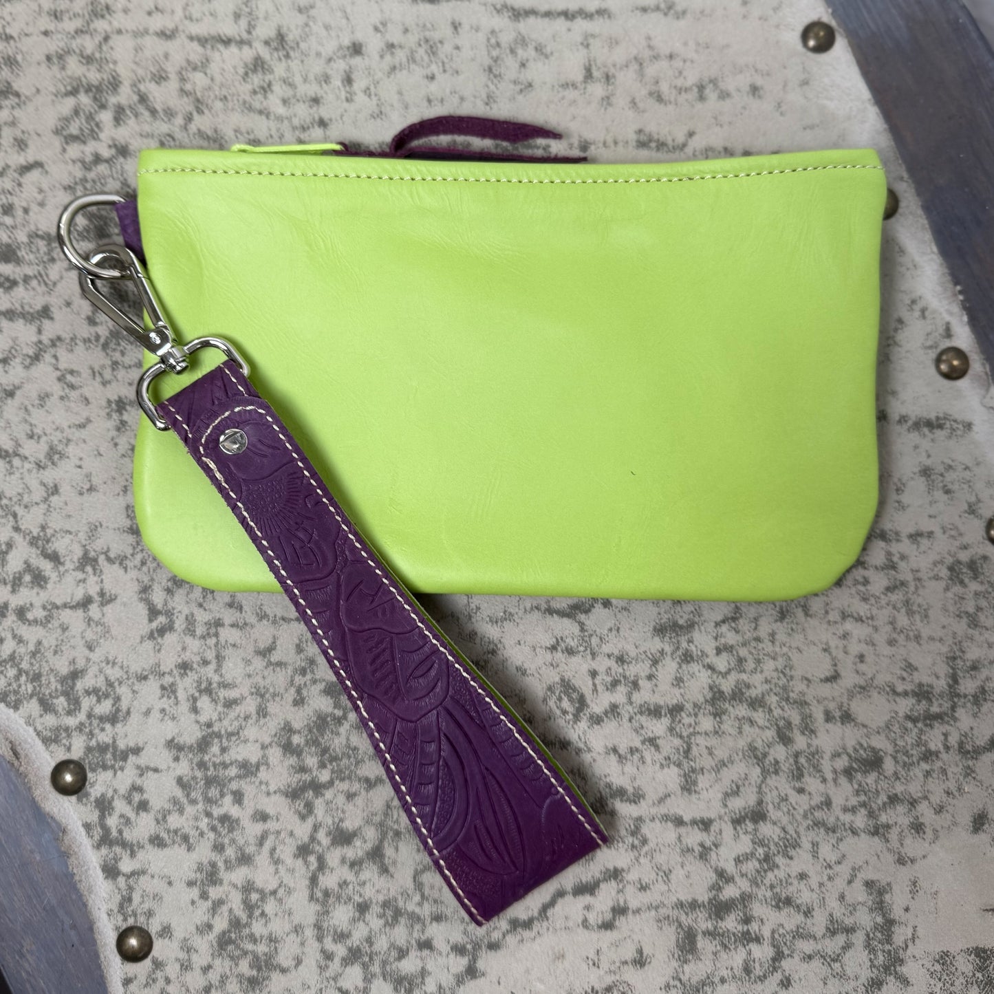 Wristlet/Small Bag Organizer with Denver Embossed Purple and Lime Green Stripe