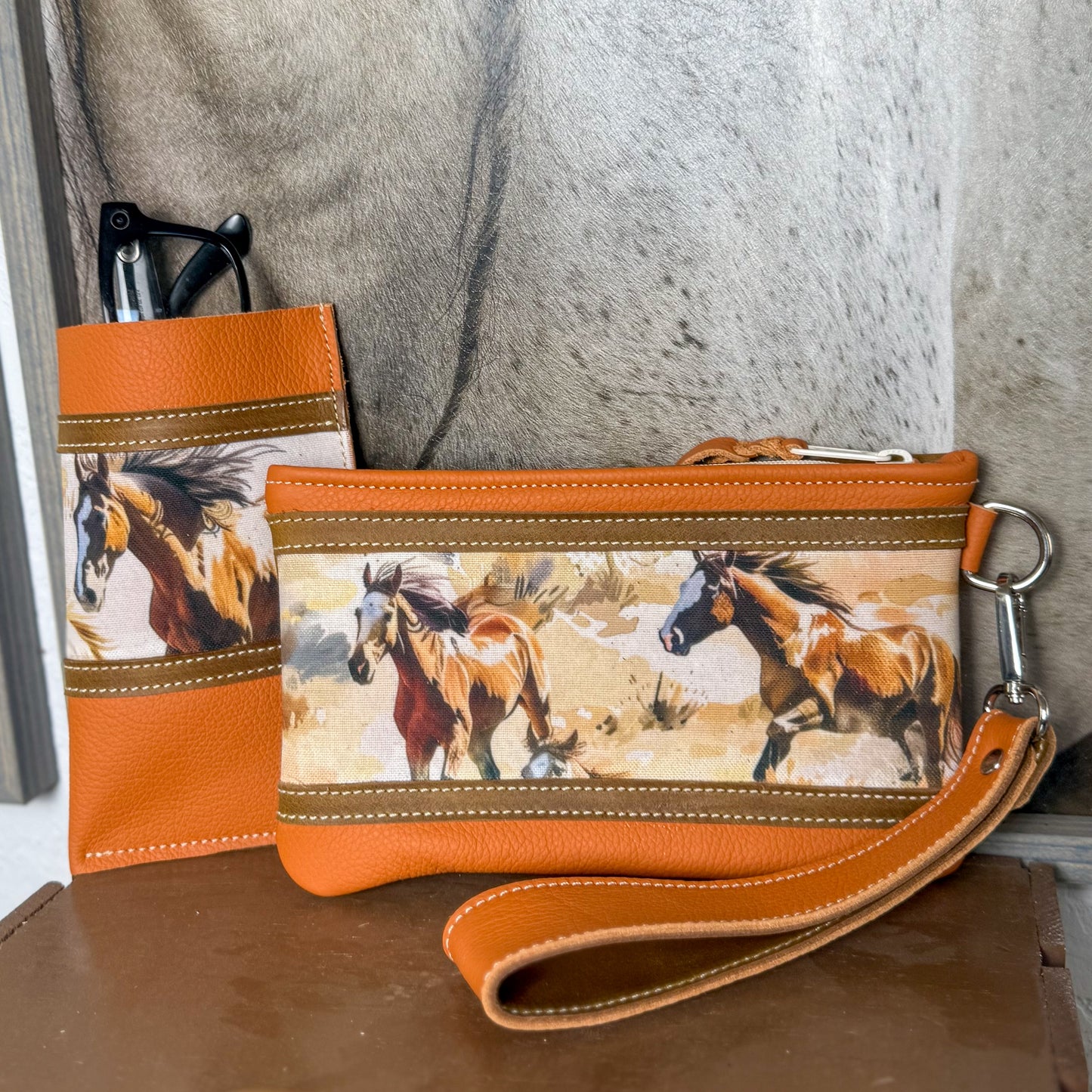 Wristlet/Small Bag Organizer with Wild Horses in Orange