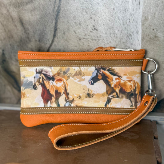 Wristlet/Small Bag Organizer with Wild Horses in Orange