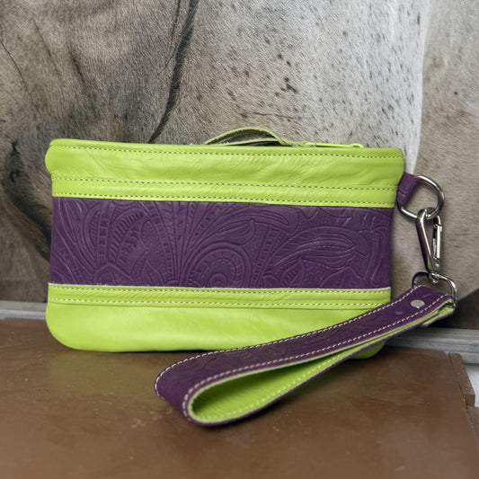 Wristlet/Small Bag Organizer with Denver Embossed Purple and Lime Green