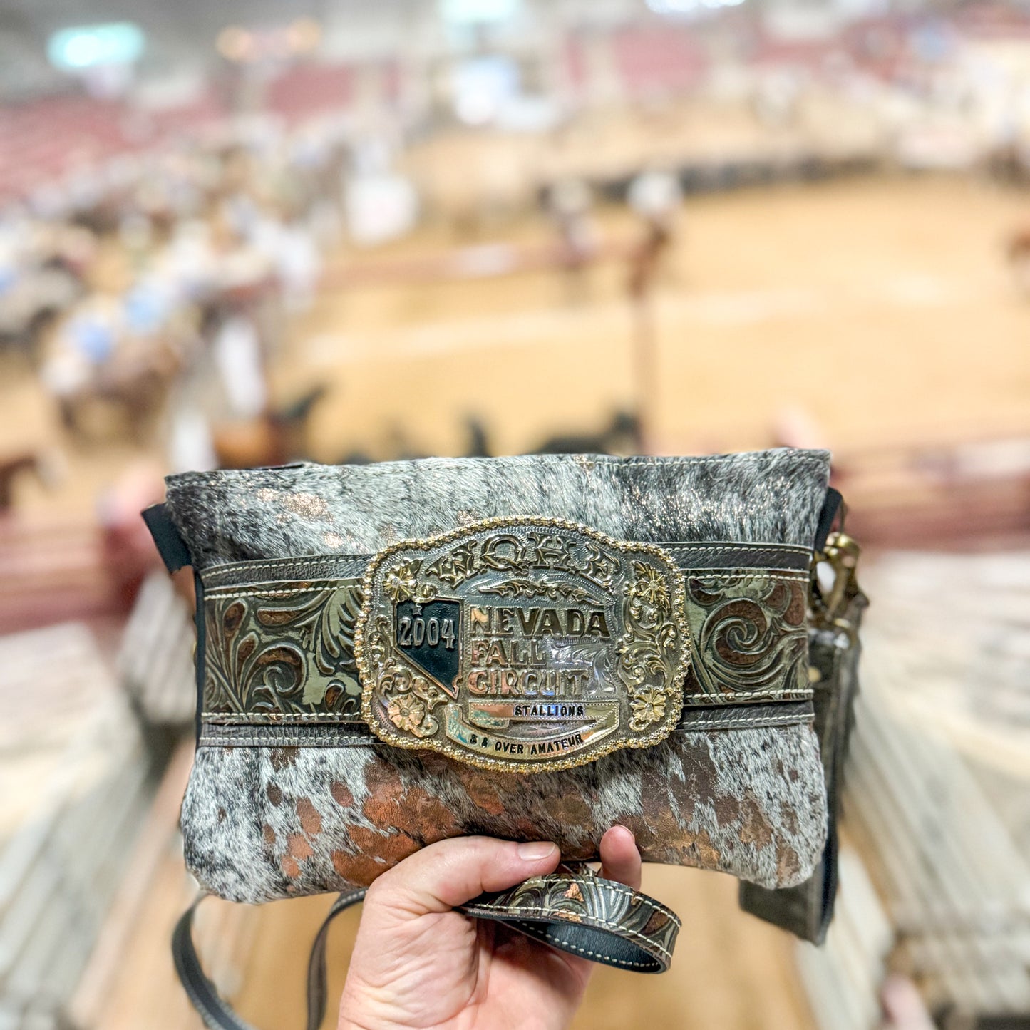 Trophy Buckle Wristlet Bag In Acid Wash Hair on Hide/Embossed Leather