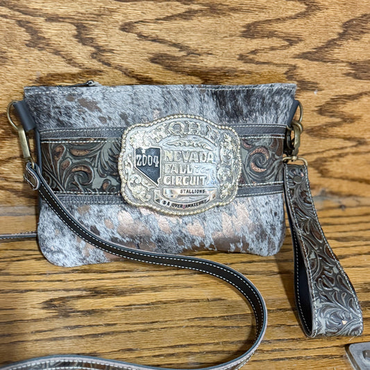 Trophy Buckle Wristlet Bag In Acid Wash Hair on Hide/Embossed Leather