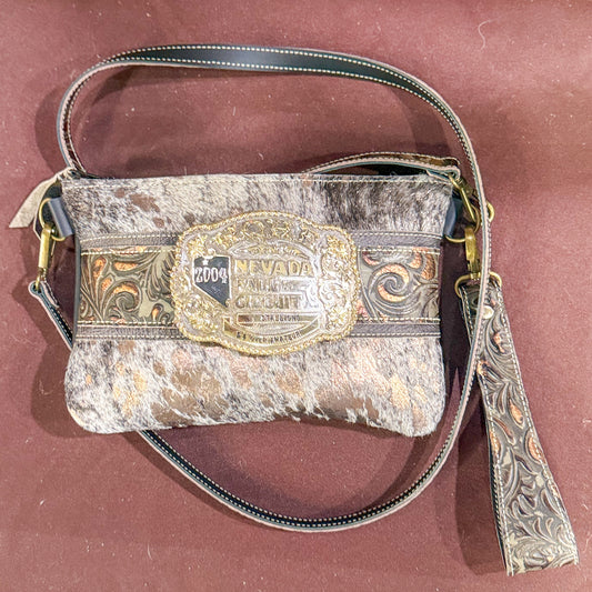 Trophy Buckle Wristlet Bag In Acid Wash Hair on Hide/Embossed Leather