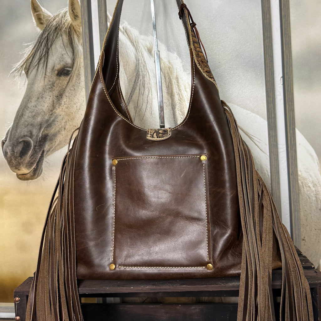 Western Leather Hobo Bag with Fringe and Embossed Details