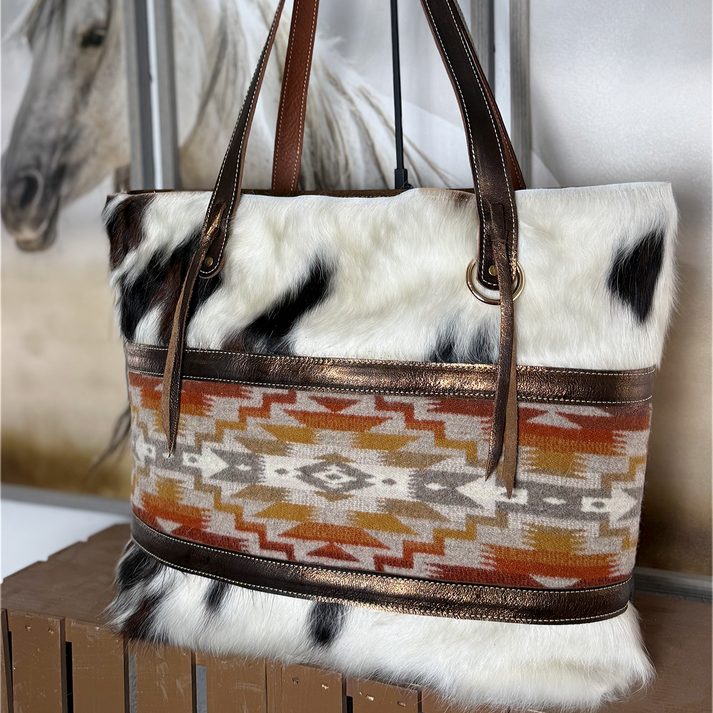 Big Bertha Mesilla Wool Tote in Tri Color Hair on Hide