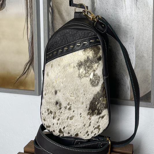 White and Gold Acid Wash Hair on Hide Sling Bag/Cross Body Purse/Handmade Leather Bag
