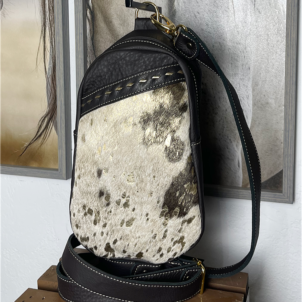 White and Gold Acid Wash Hair on Hide Sling Bag/Cross Body Purse/Handmade Leather Bag