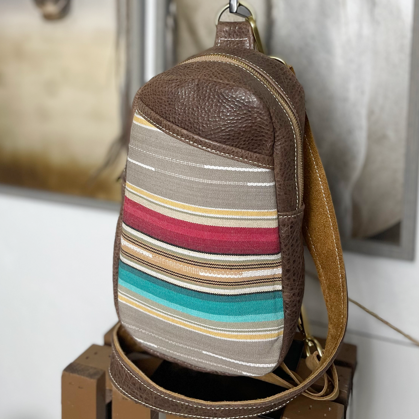 Serape Leather Sling Bag/Cross Body Purse/Handmade Leather Bag