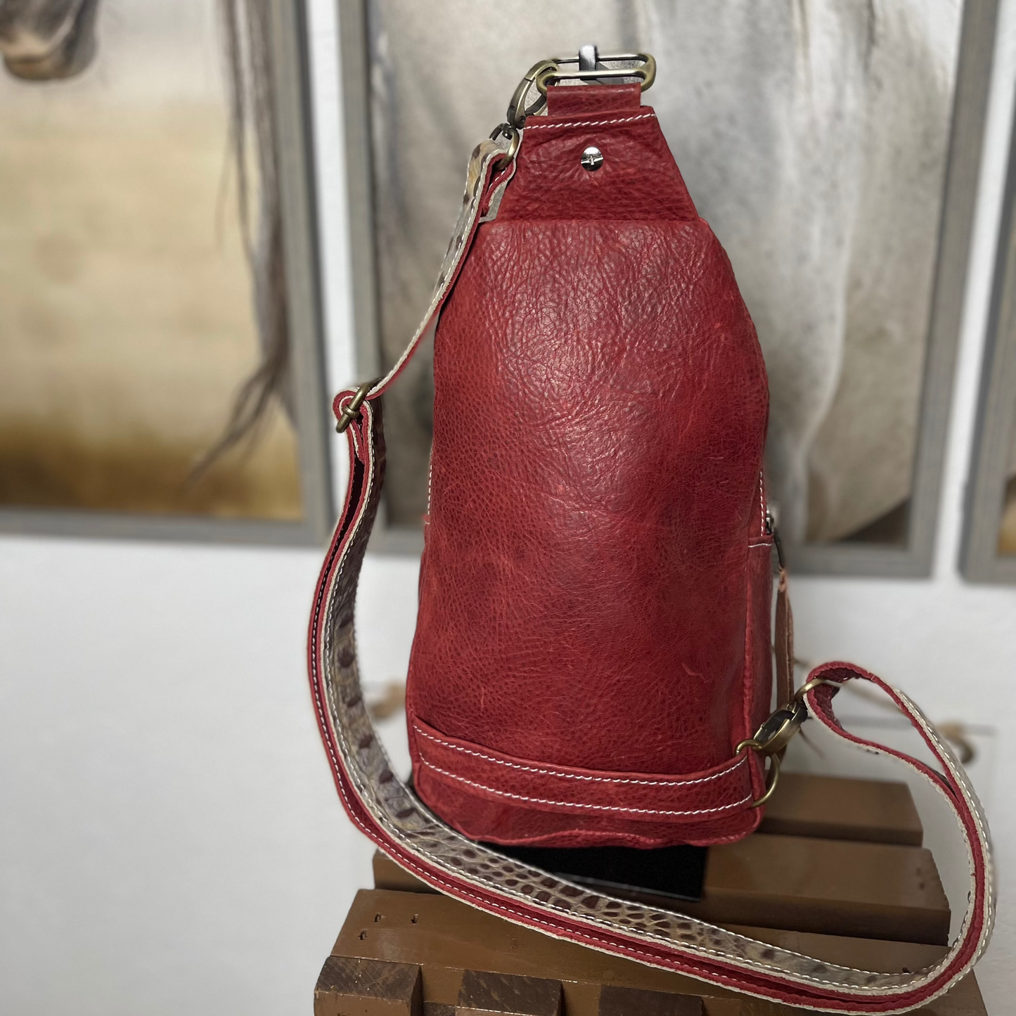 Red and Croc Embossed Leather Sling Bag/Cross Body Purse/Handmade Bag MM 032