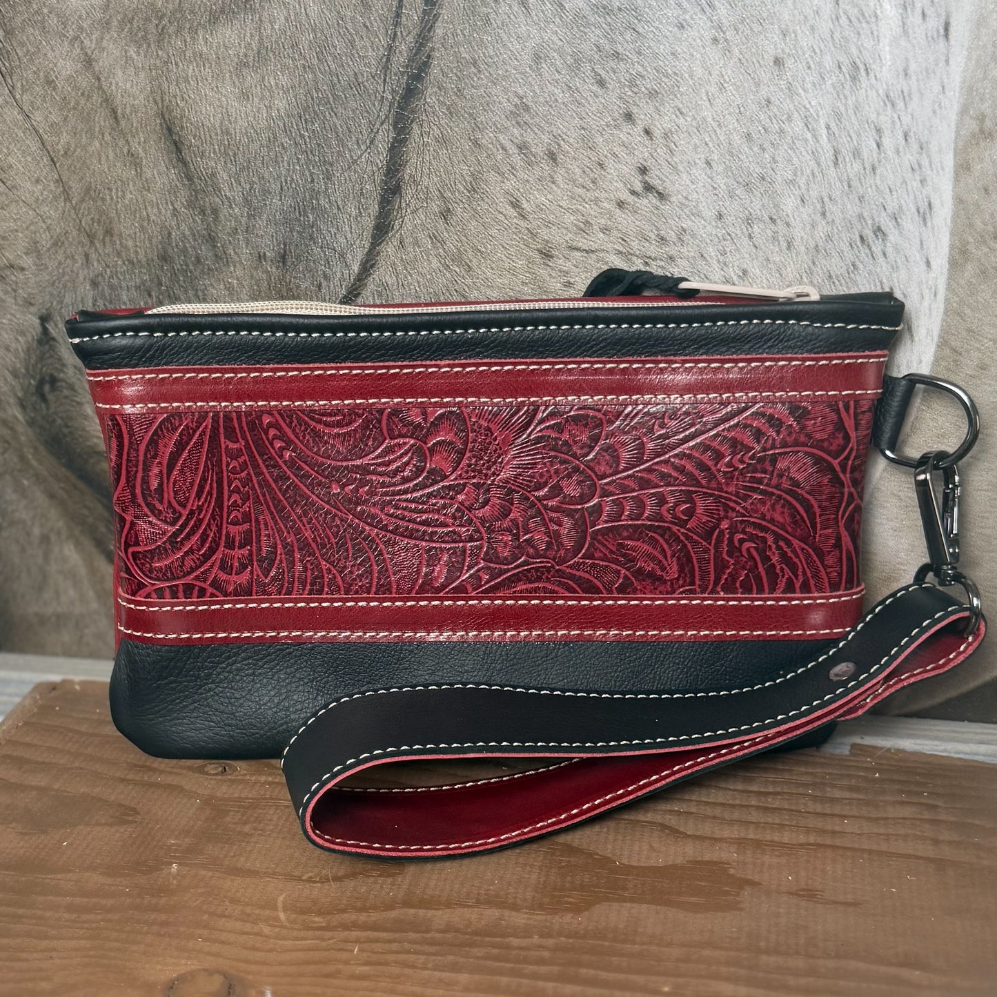 Wristlet/Small Bag Organizer in Black with Red Embossed Leather