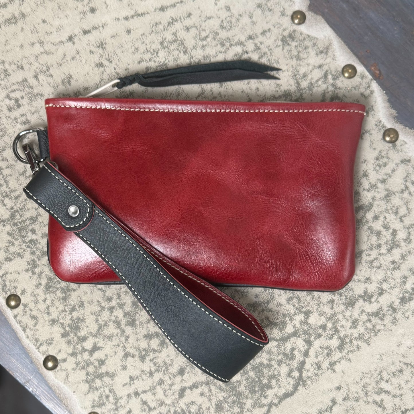 Wristlet/Small Bag Organizer in Black with Red Embossed Leather