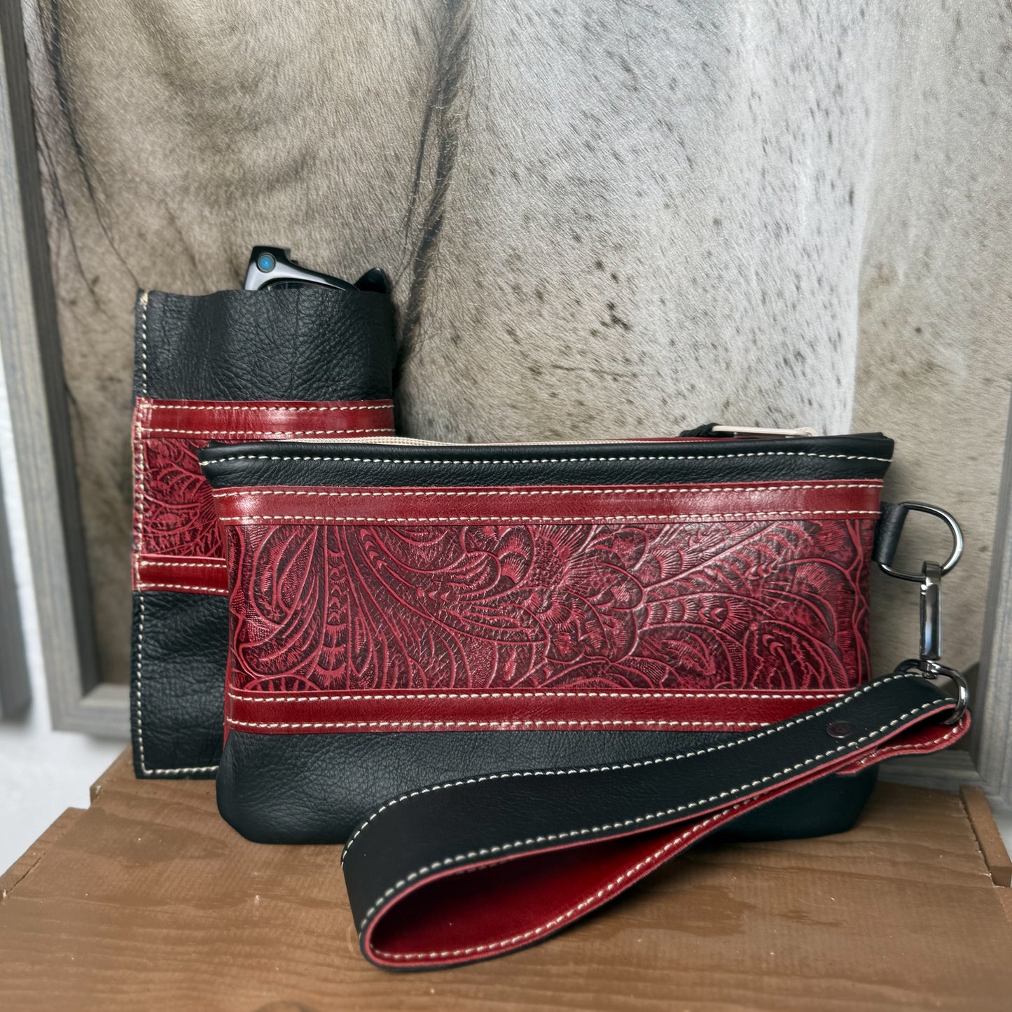 Wristlet/Small Bag Organizer in Black with Red Embossed Leather