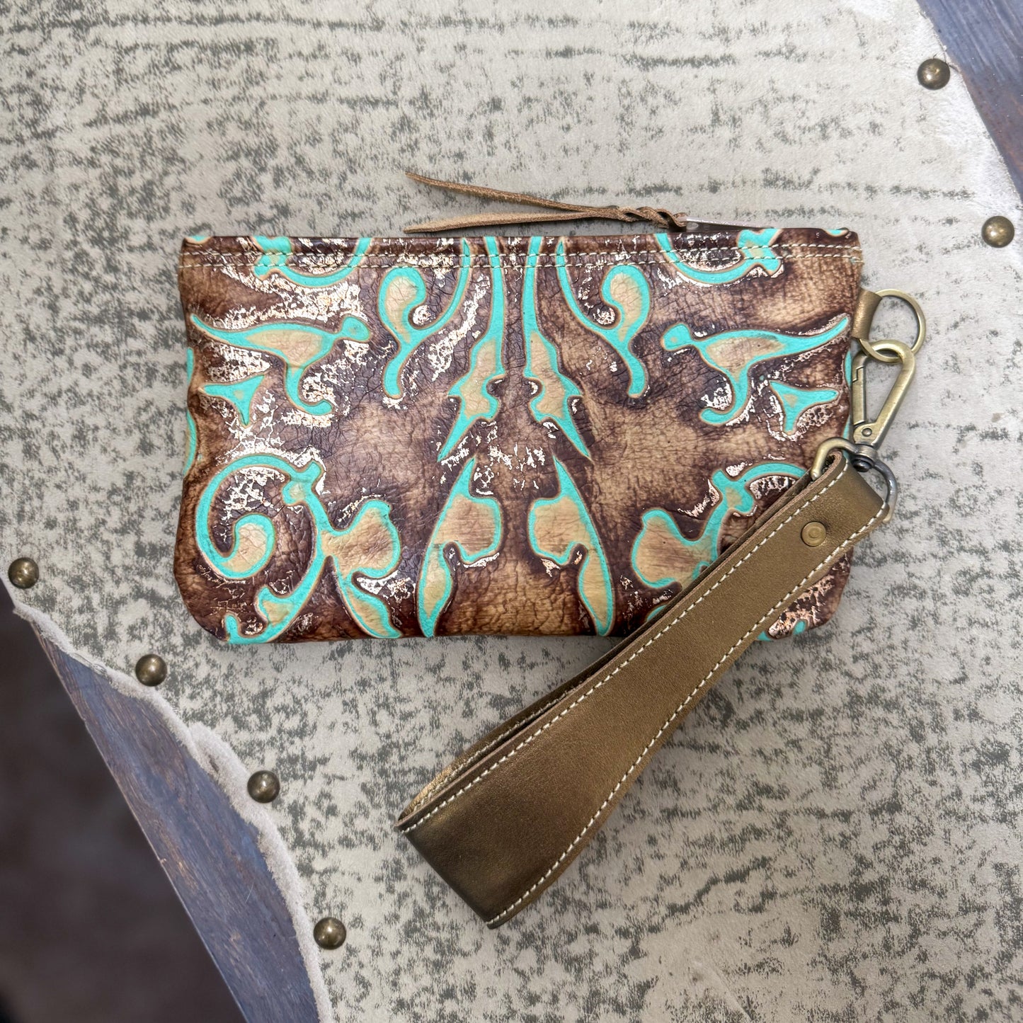 Wristlet/Small Bag Organizer with Venetian Turquoise Embossed Leather 1