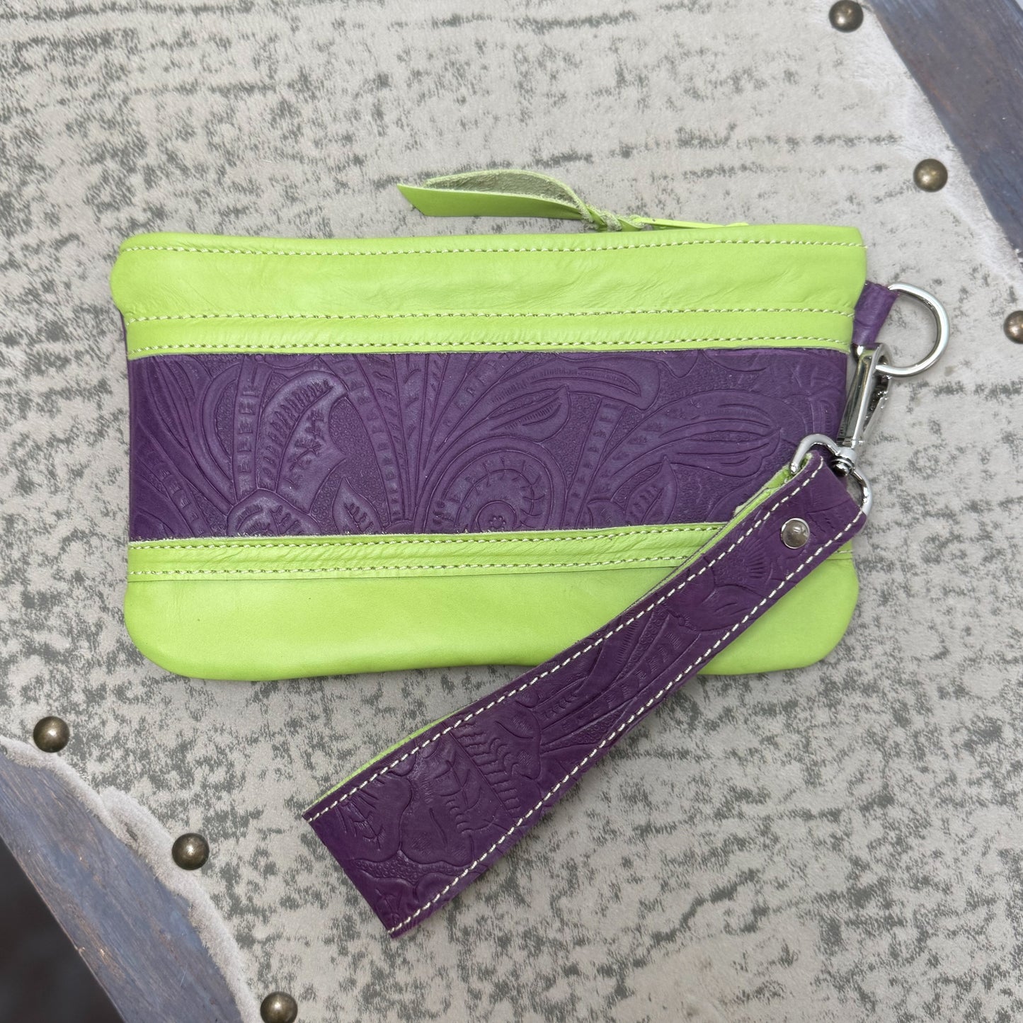 Wristlet/Small Bag Organizer with Denver Embossed Purple and Lime Green
