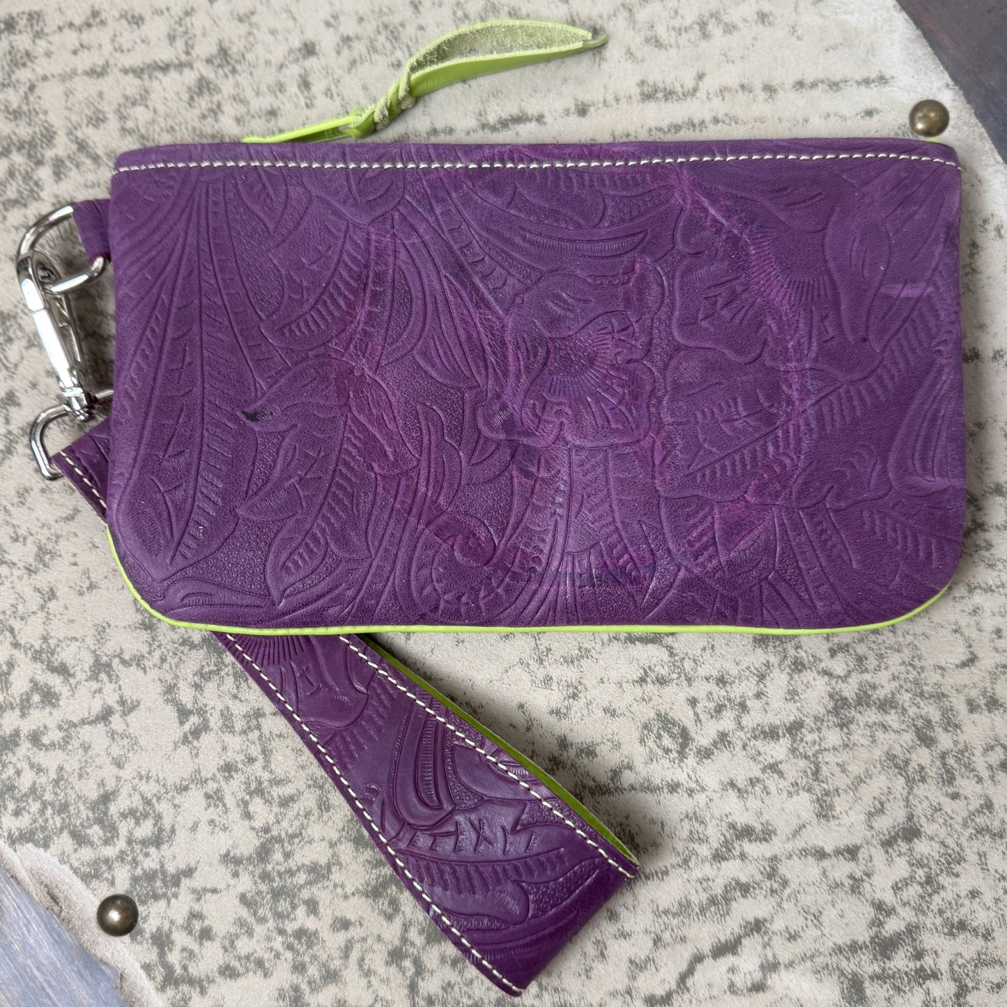 Wristlet/Small Bag Organizer with Denver Embossed Purple and Lime Green