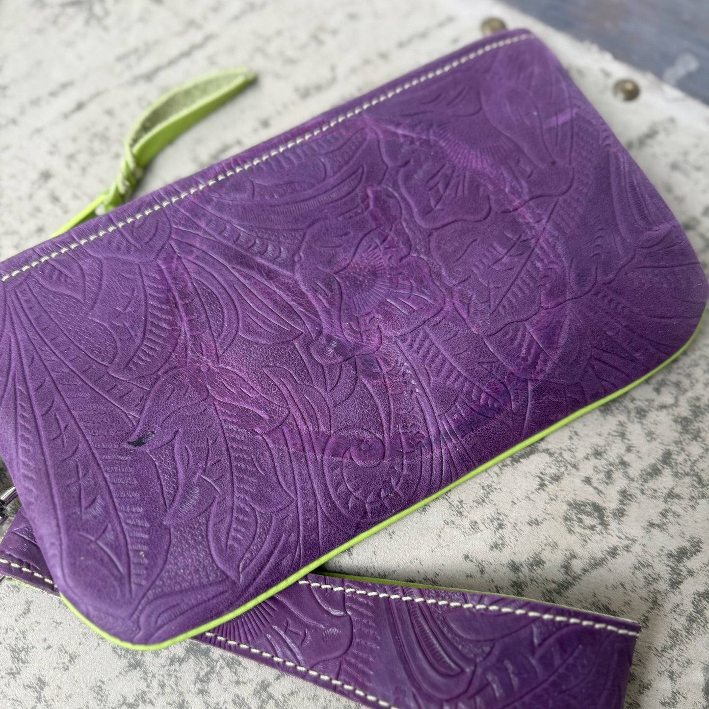 Wristlet/Small Bag Organizer with Denver Embossed Purple and Lime Green