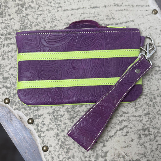 Wristlet/Small Bag Organizer with Denver Embossed Purple and Lime Green Stripe
