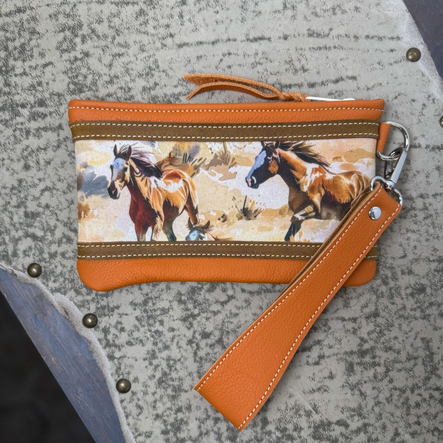 Wristlet/Small Bag Organizer with Wild Horses in Orange