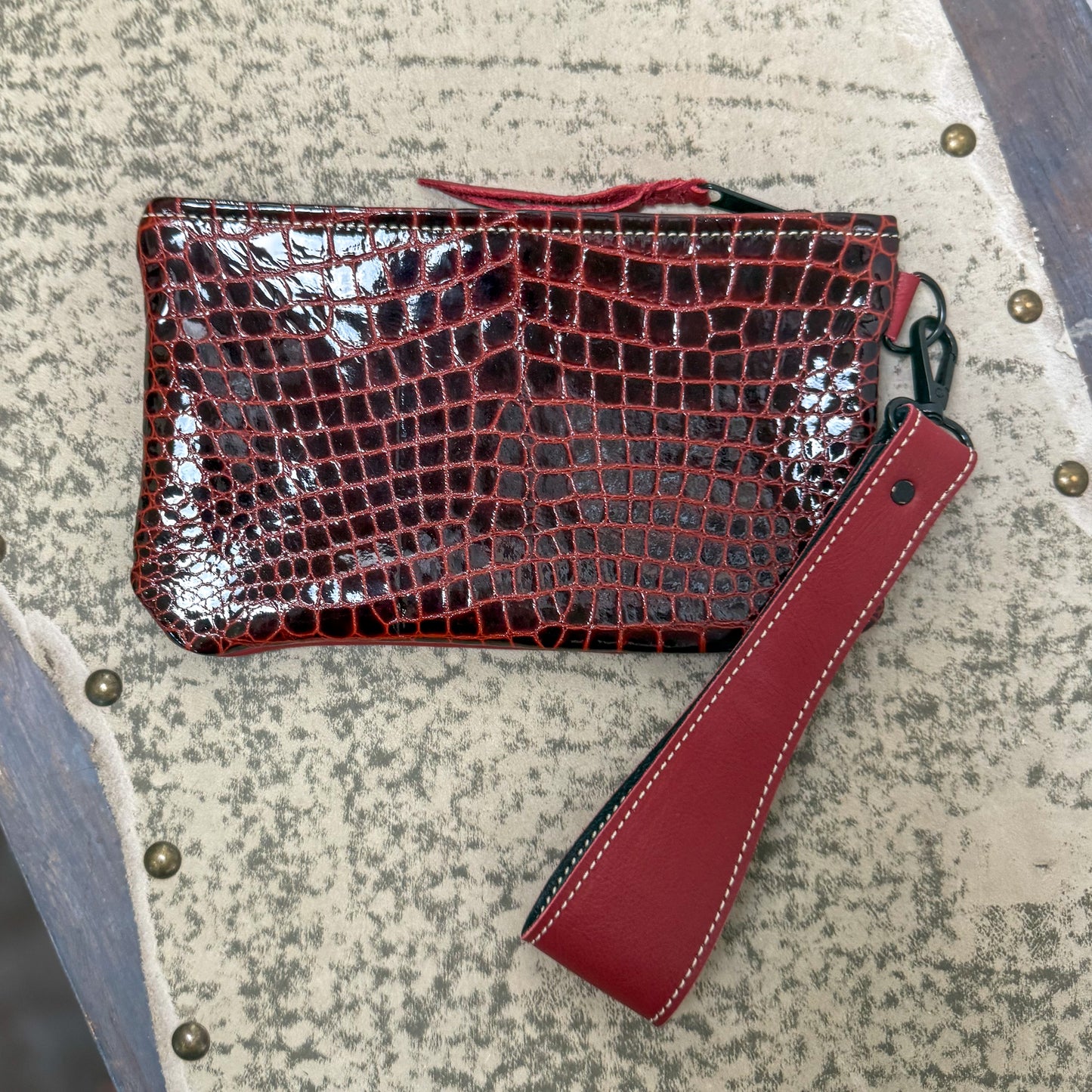 Wristlet/Small Bag Organizer with Red Embossed Leather