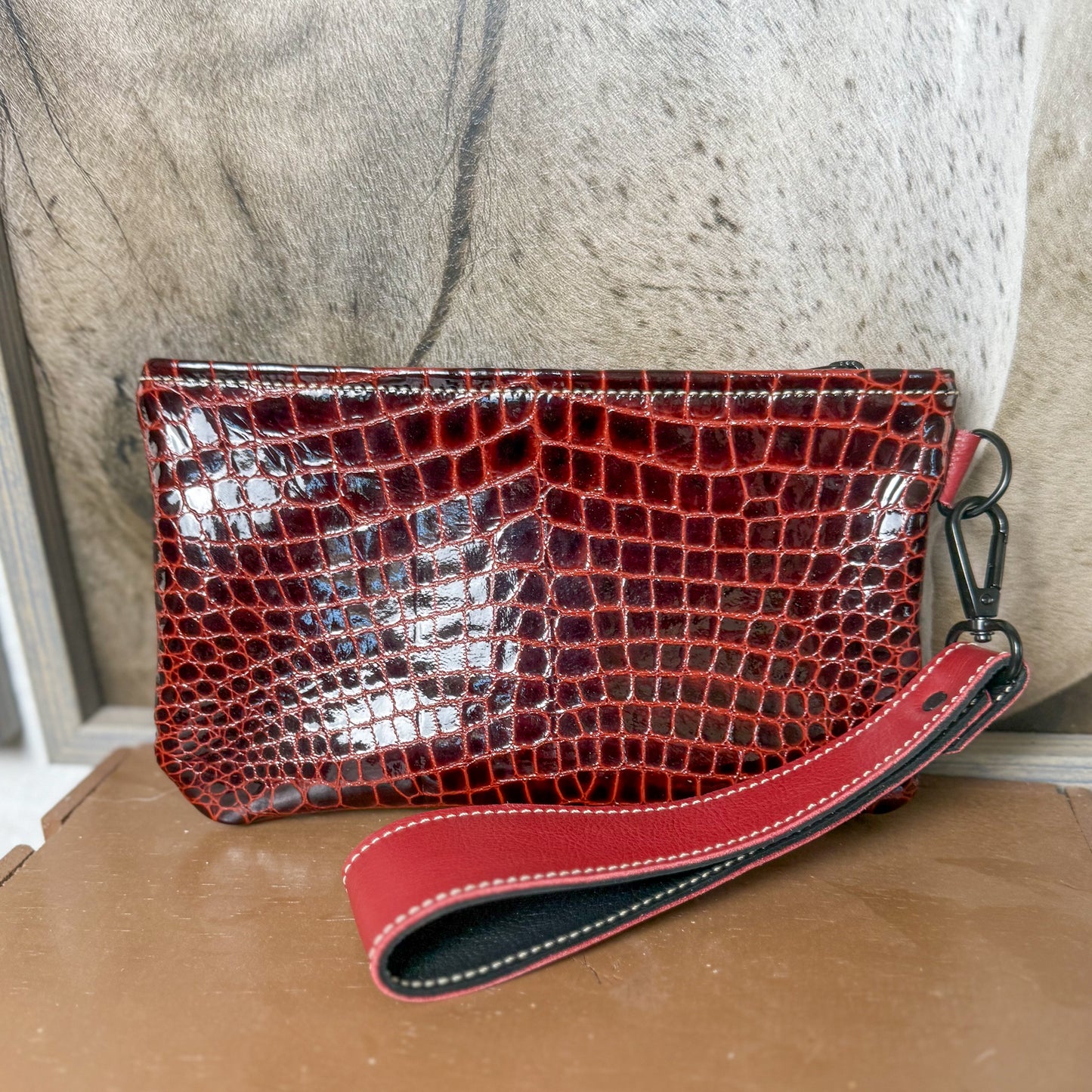 Wristlet/Small Bag Organizer with Red Embossed Leather