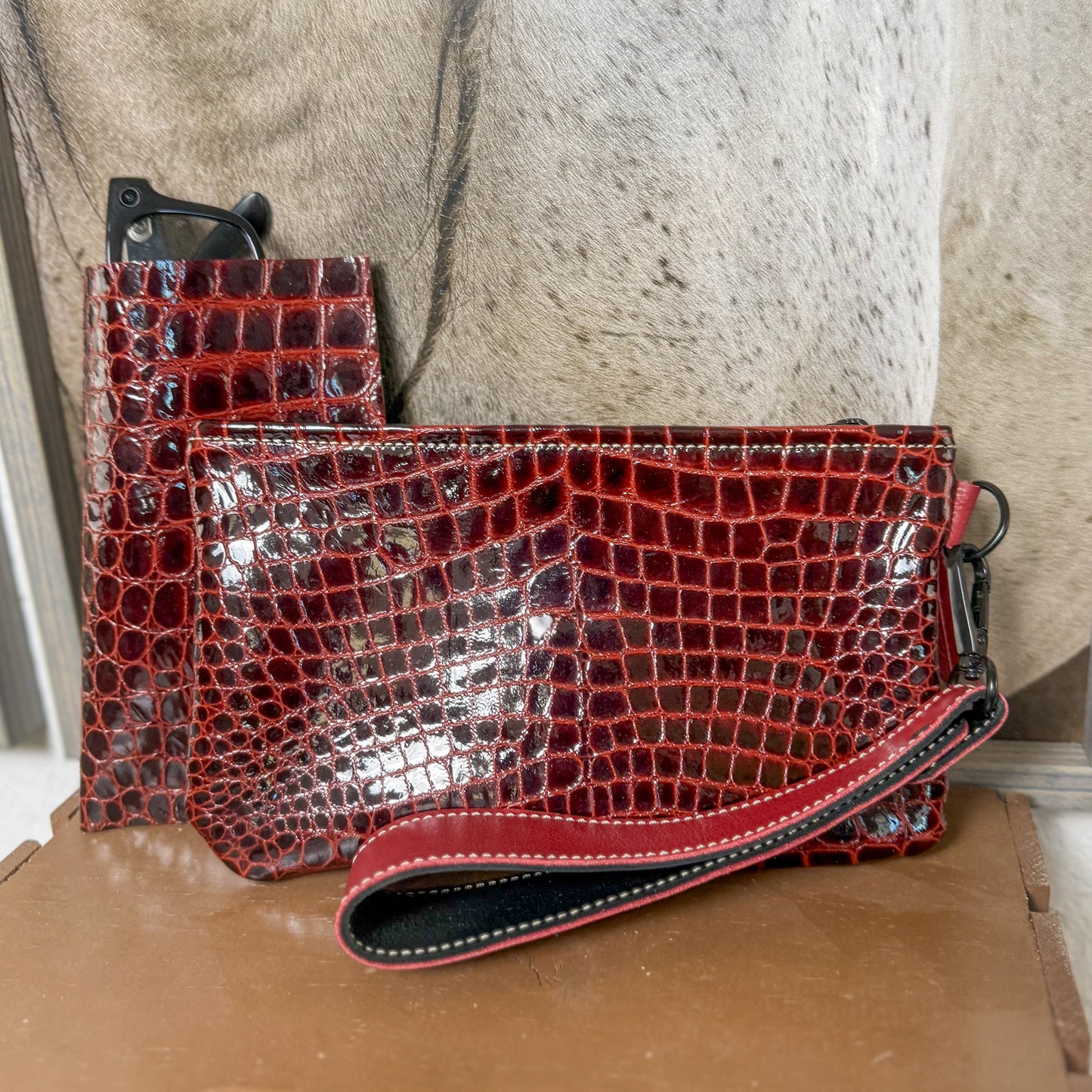Wristlet/Small Bag Organizer with Red Embossed Leather