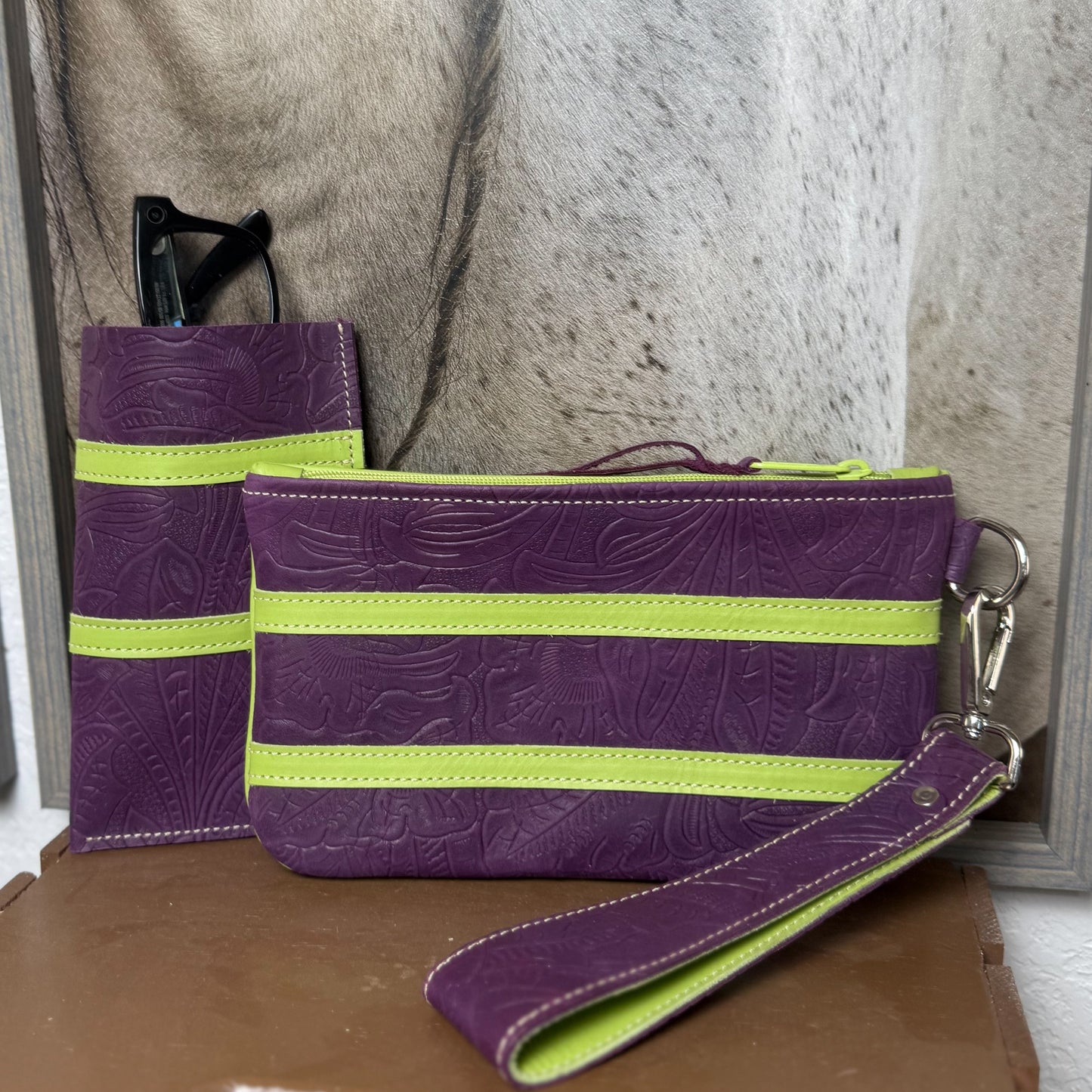 Wristlet/Small Bag Organizer with Denver Embossed Purple and Lime Green Stripe