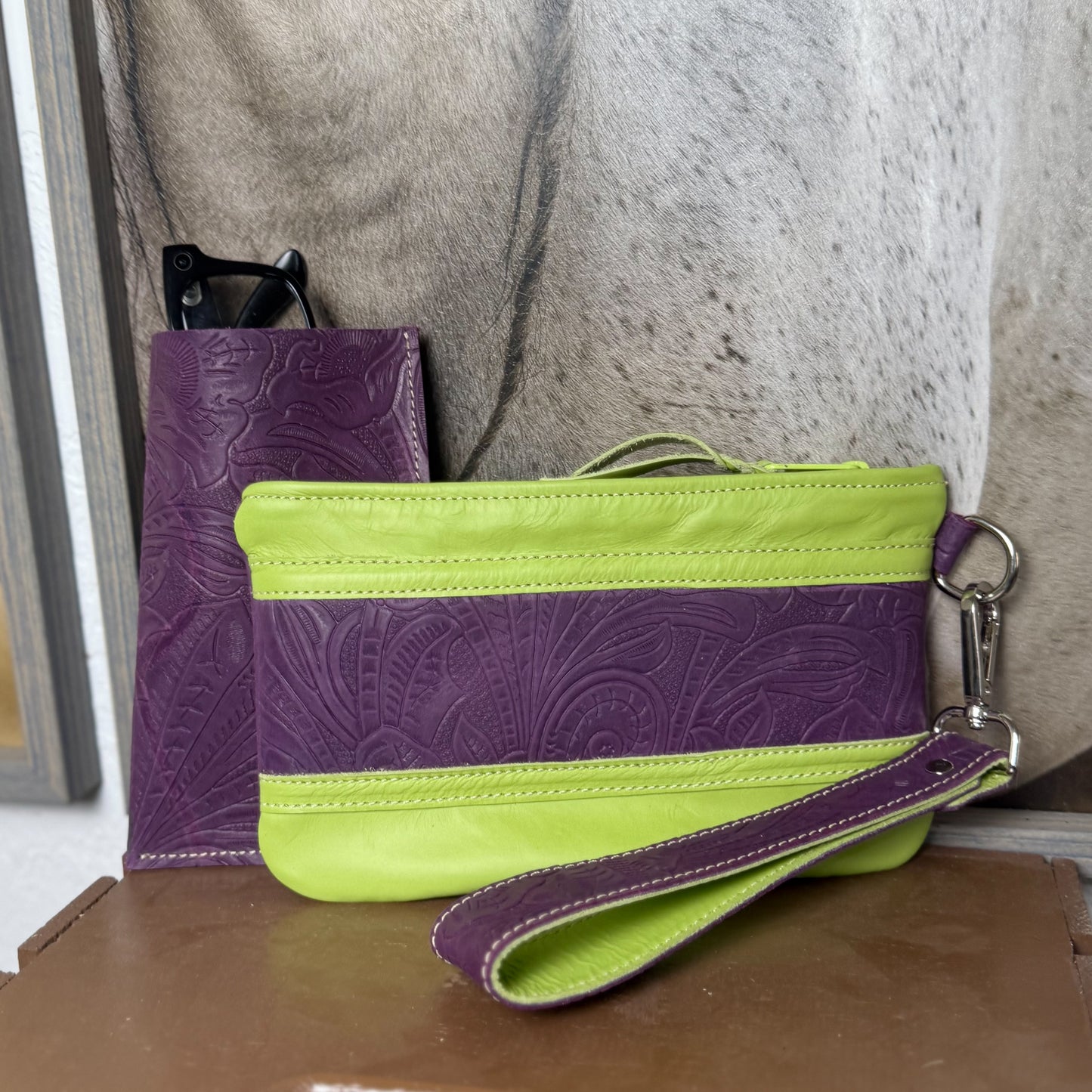 Wristlet/Small Bag Organizer with Denver Embossed Purple and Lime Green