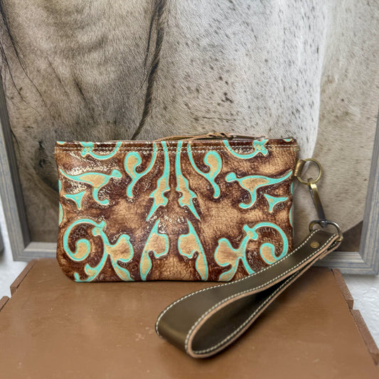 Wristlet/Small Bag Organizer with Venetian Turquoise Embossed Leather 1
