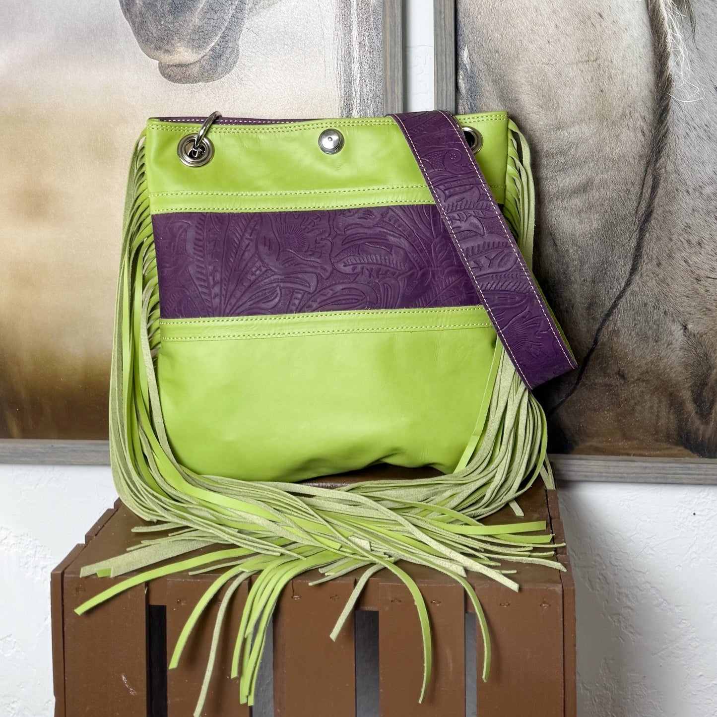Gypsy in Bold Lime and Embossed Purple with Fringe