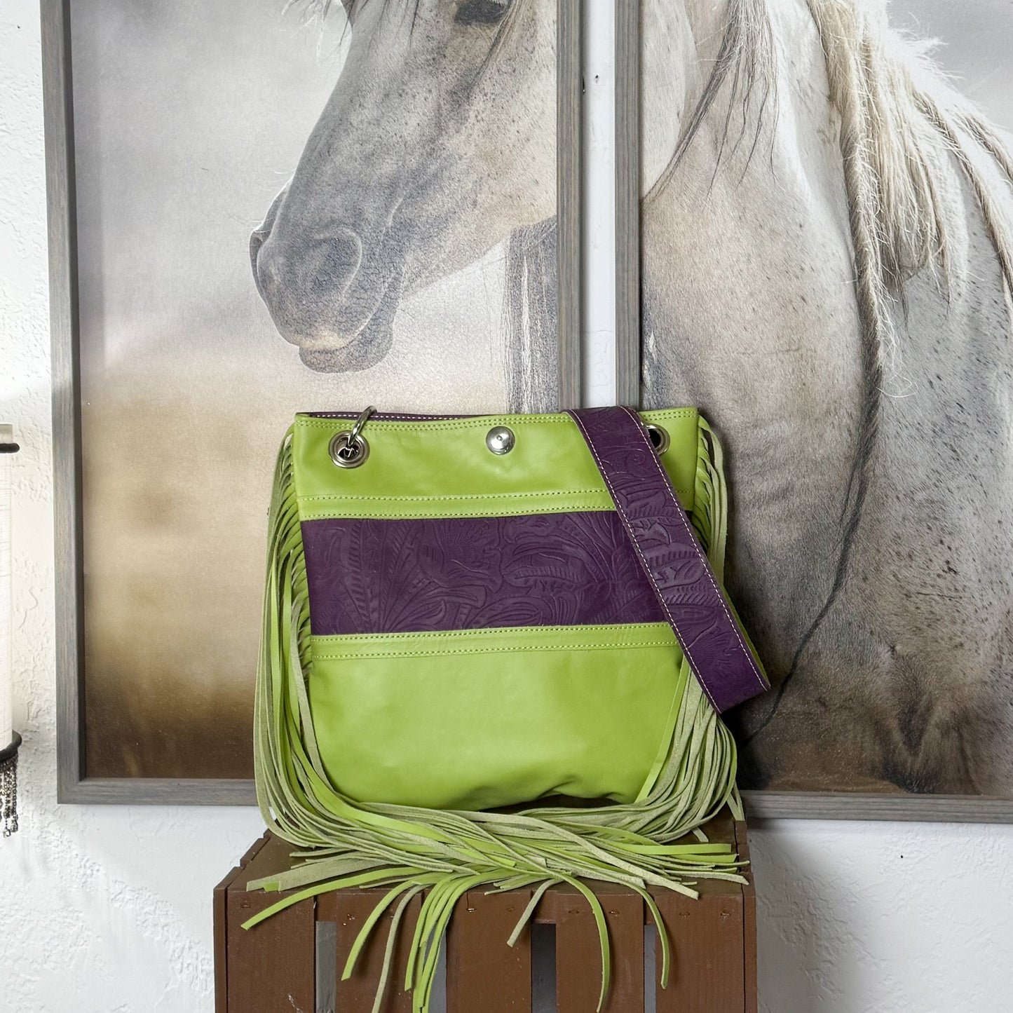 Gypsy in Bold Lime and Embossed Purple with Fringe
