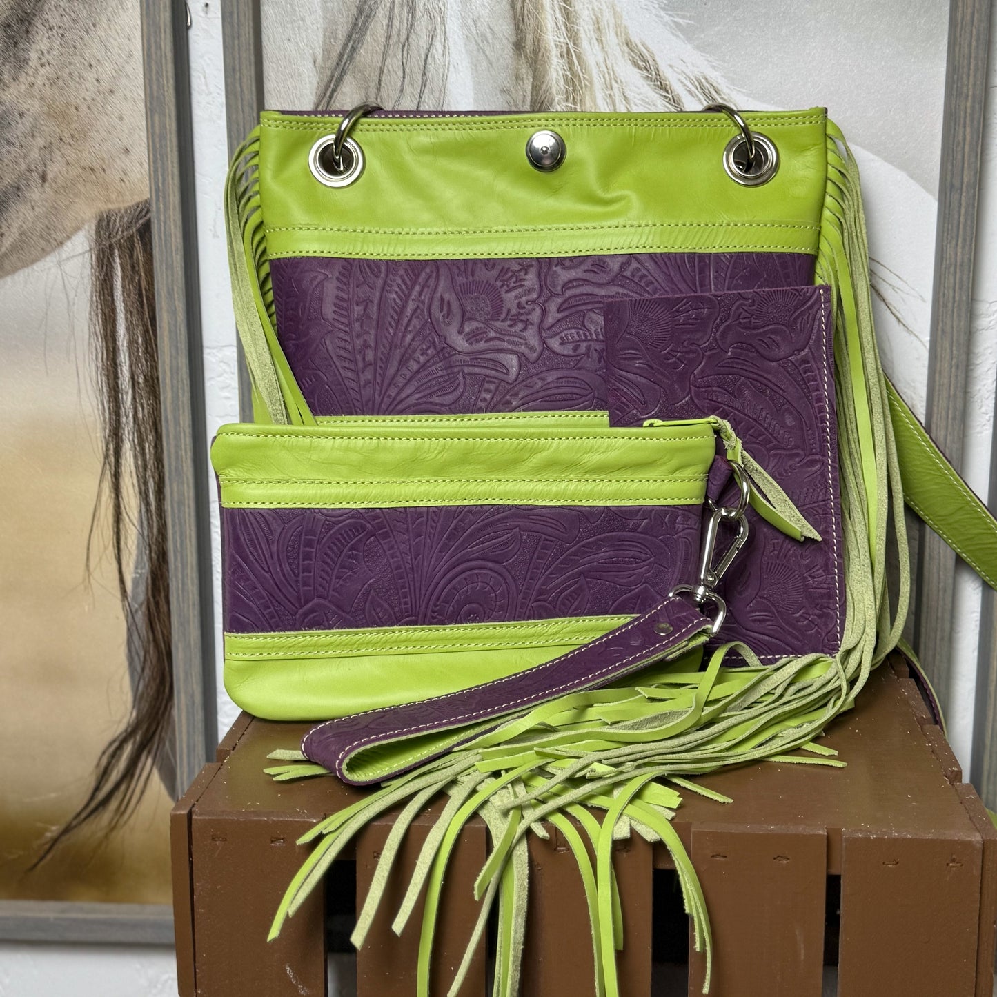 Gypsy in Bold Lime and Embossed Purple with Fringe