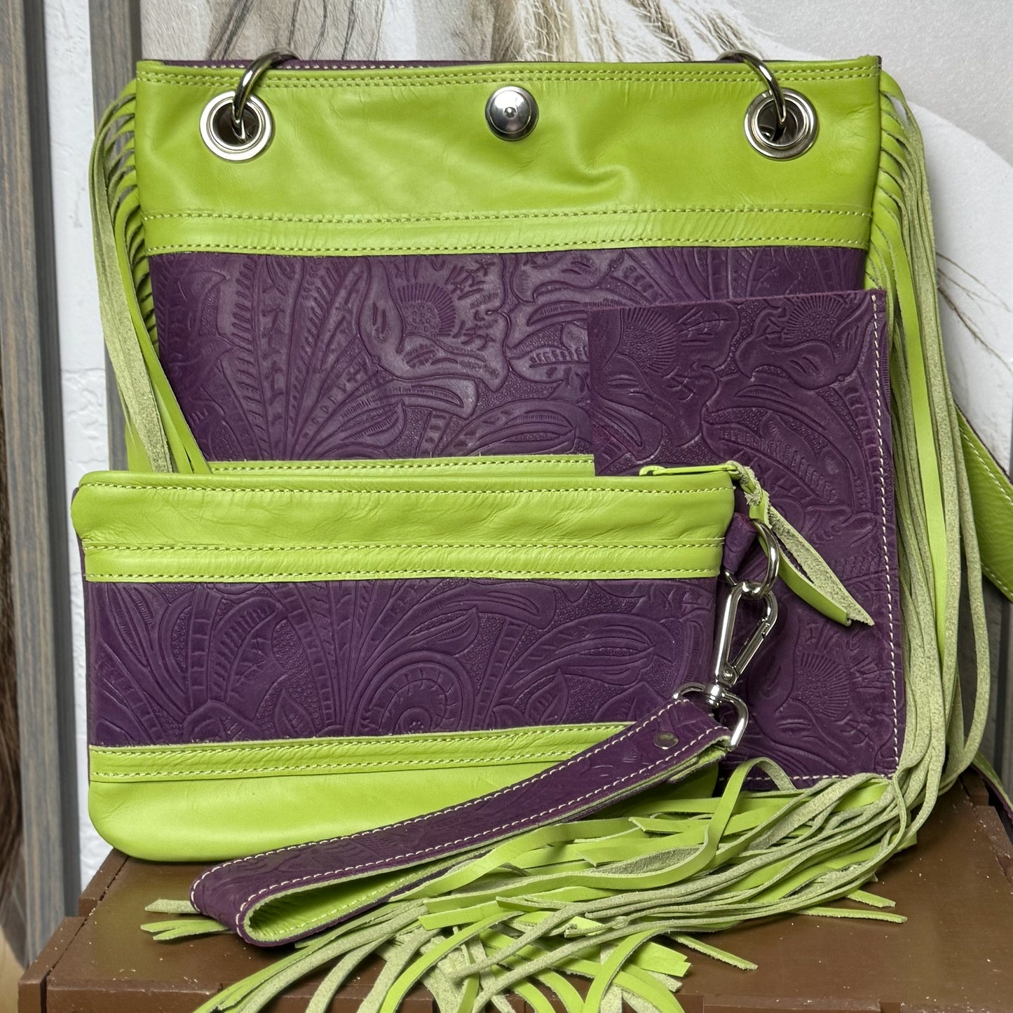 Gypsy in Bold Lime and Embossed Purple with Fringe