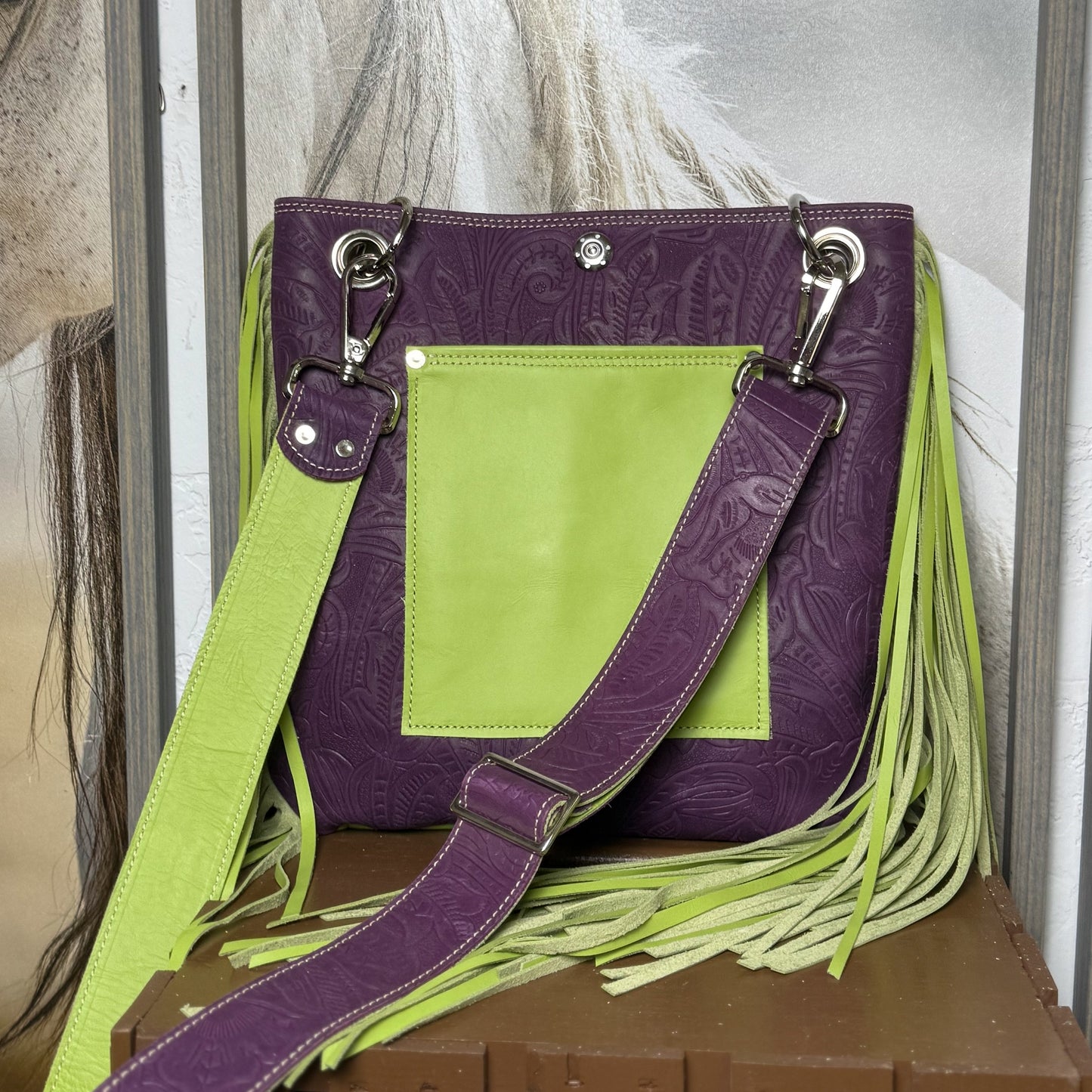 Gypsy in Bold Lime and Embossed Purple with Fringe
